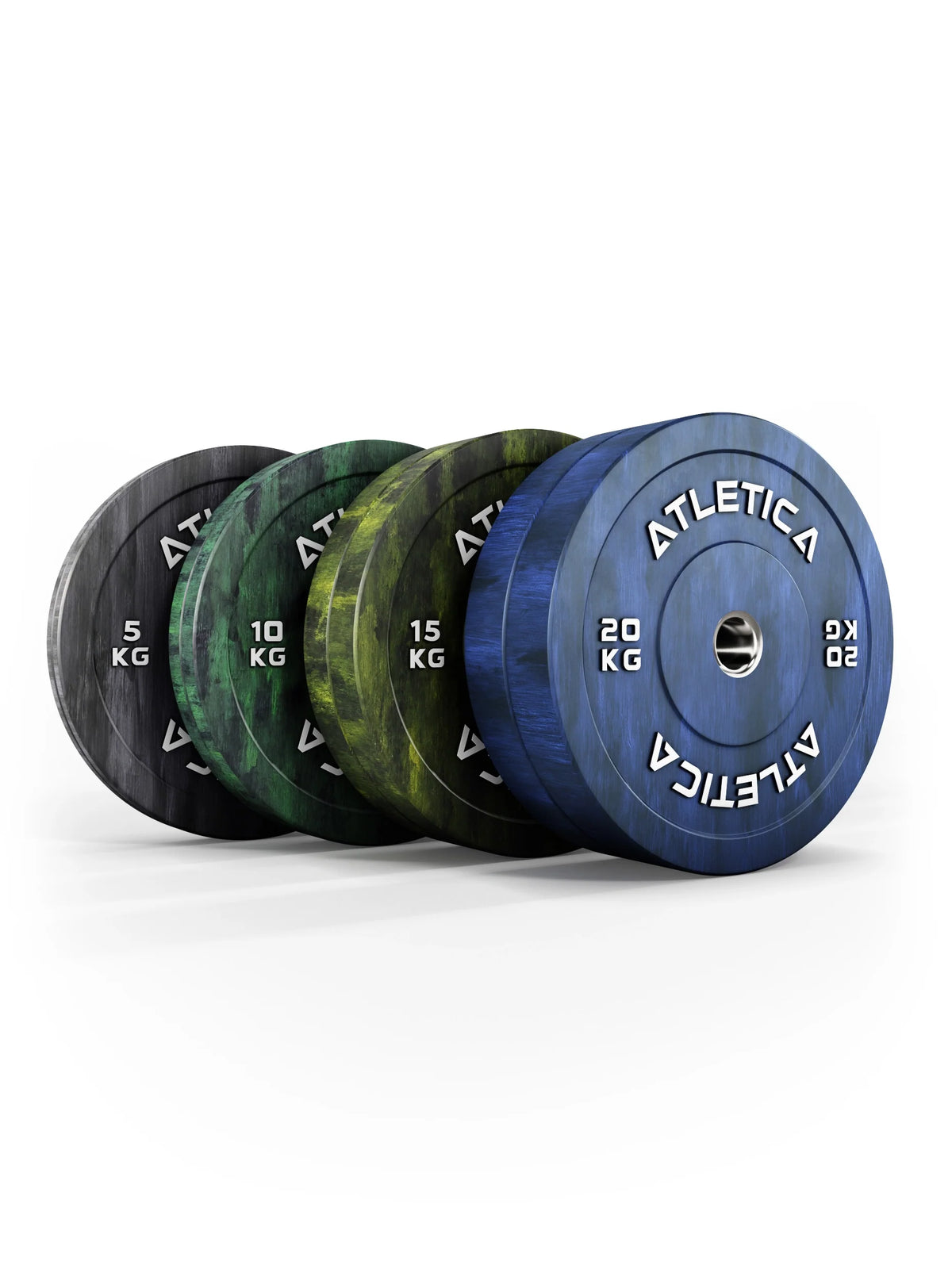 Atletica Fusion bumper plate set 220 lb, gray, green, olive and blue plates in a row, angled view