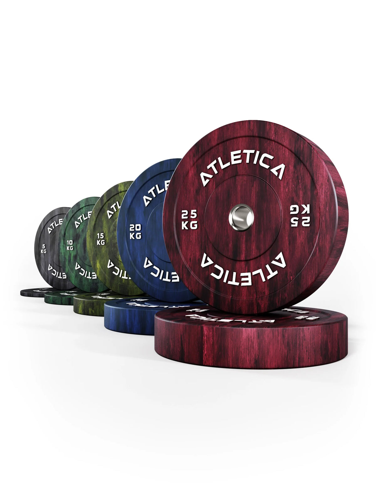 Atletica Fusion bumper plate set 331 lb, marbled plates in a row behind red pair, angled view