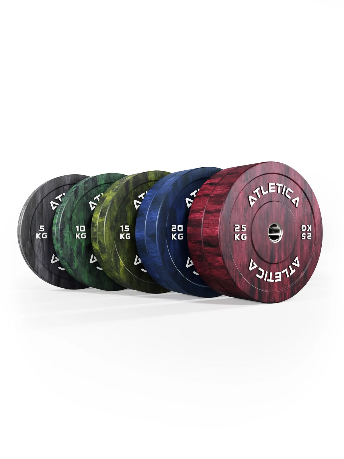 Atletica Fusion bumper plate set 331 lb, plates in a row with red plate in front, side view