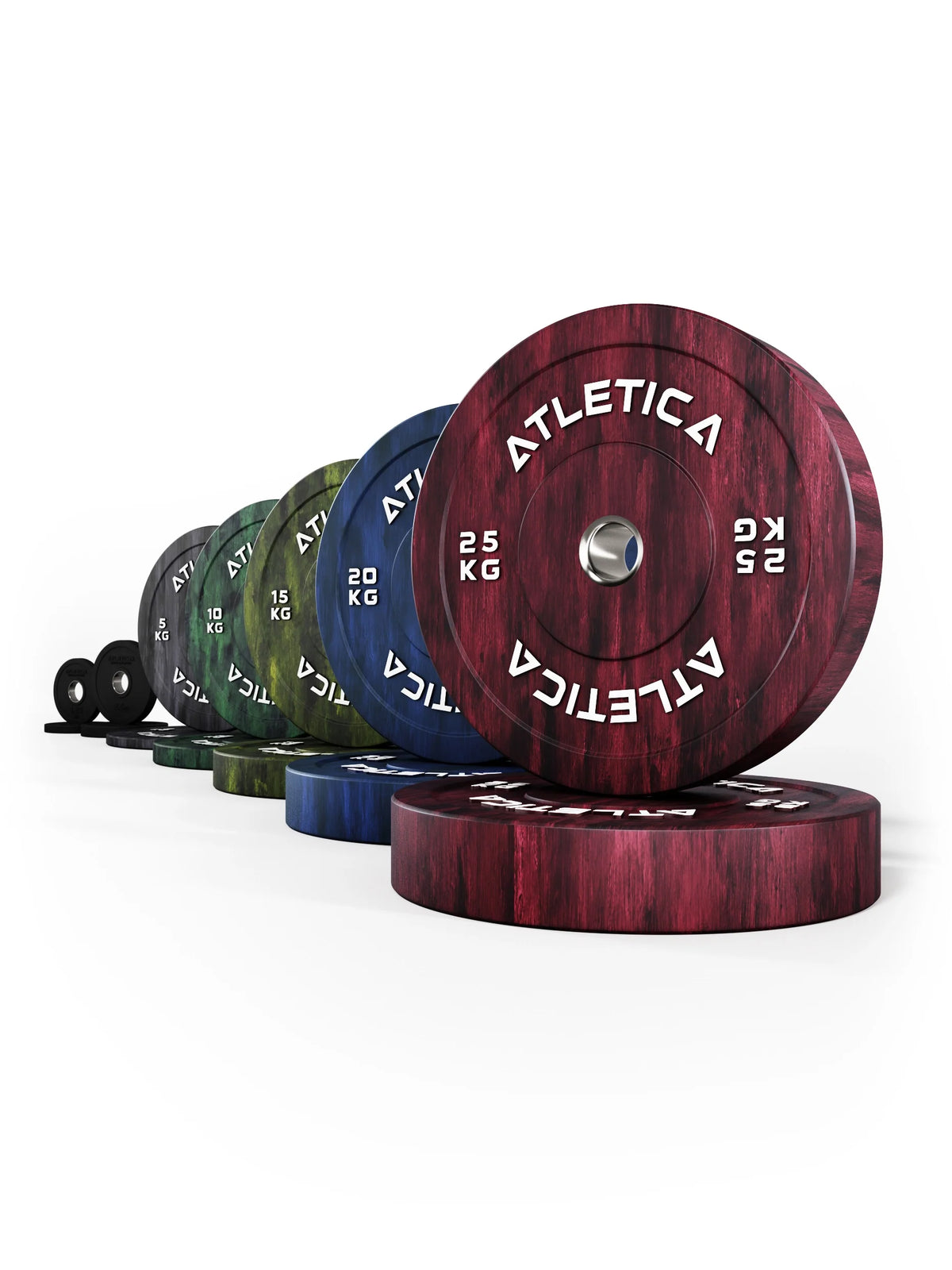 Fusion Bumper Plates 355 lb Set - colorful weight plates in a row, weight specifications visible, logo on each plate