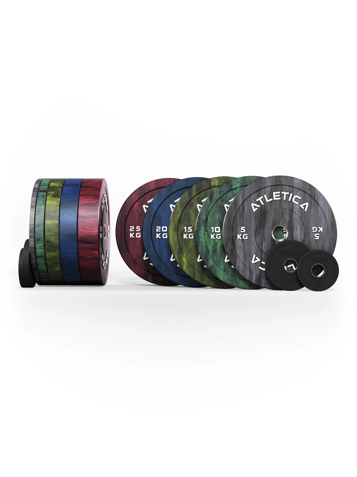 Atletica Fusion bumper plate set 347 lb, plates side by side with black change plates, front view
