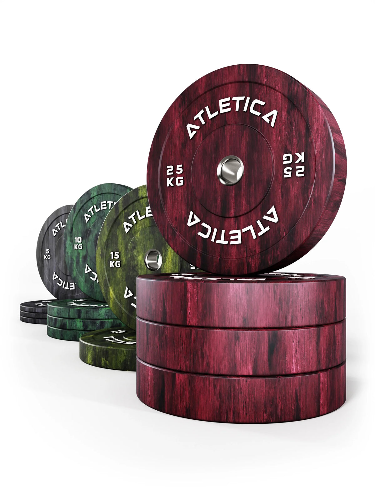 Atletica Fusion bumper plate set 419 lb, red plate upright on red stack, close angled view