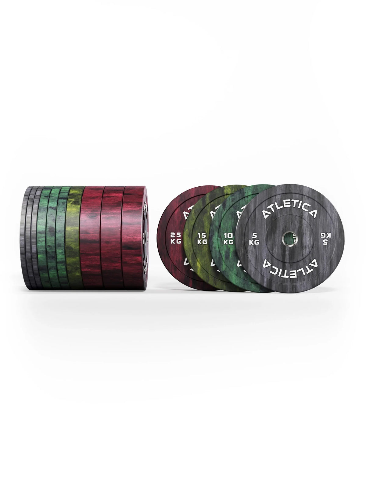Atletica Fusion bumper plate set 419 lb, plates side by side next to an edge view, front view