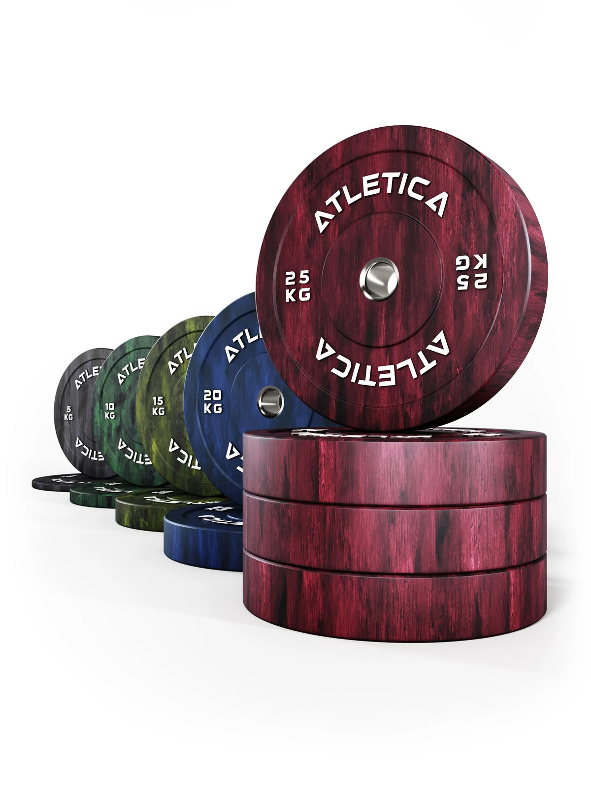 Atletica Fusion bumper plate set 441 lb, marbled plates with three red plates stacked in front