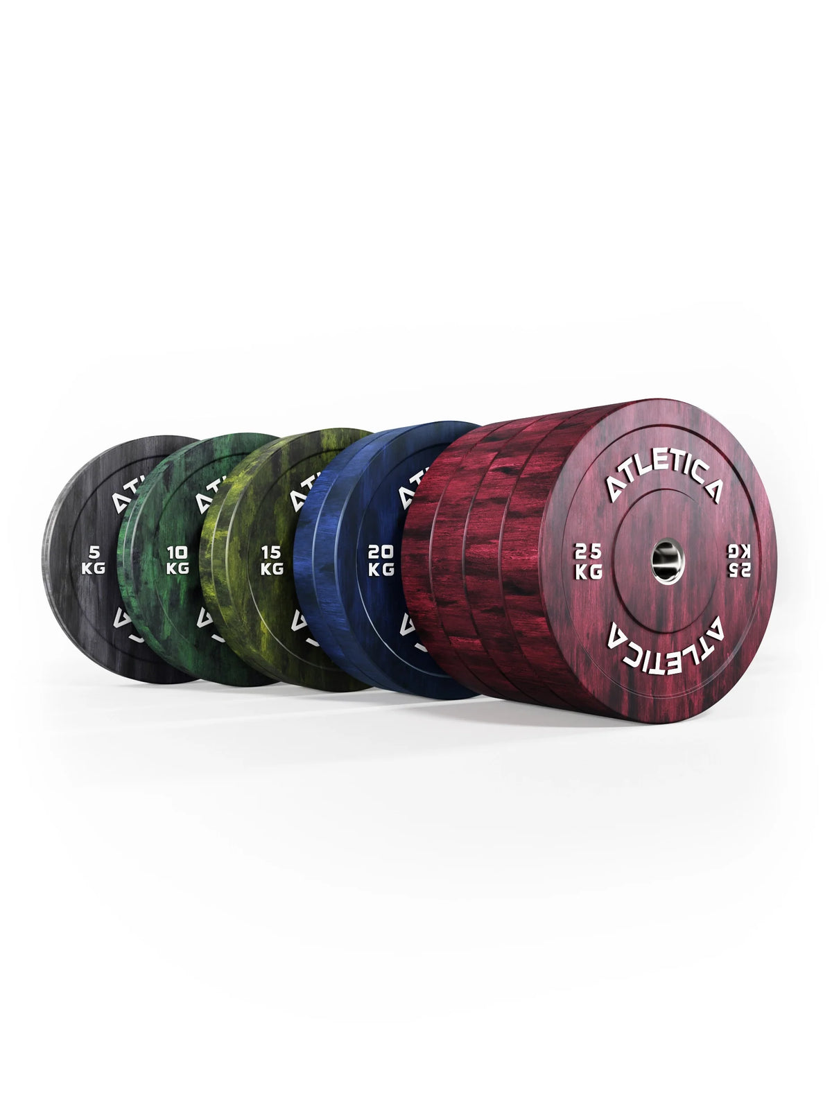 Atletica Fusion bumper plate set 441 lb, plates in a row with red plates in front, side view