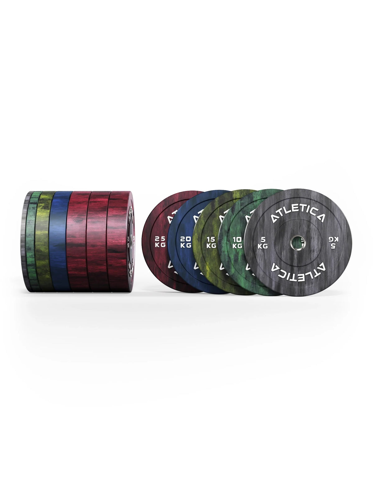 Atletica Fusion bumper plate set 441 lb, plates side by side next to an edge view, front view