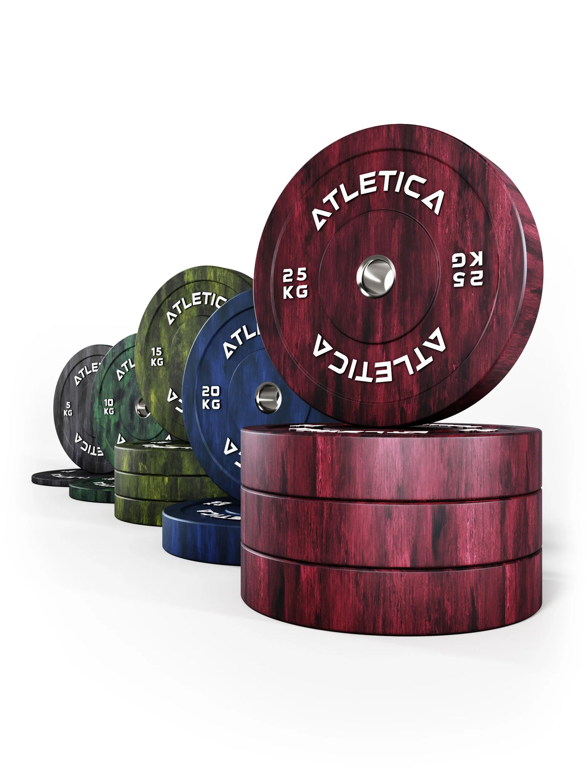 Atletica Fusion bumper plate set 507 lb, red plate upright on red stack, close angled view