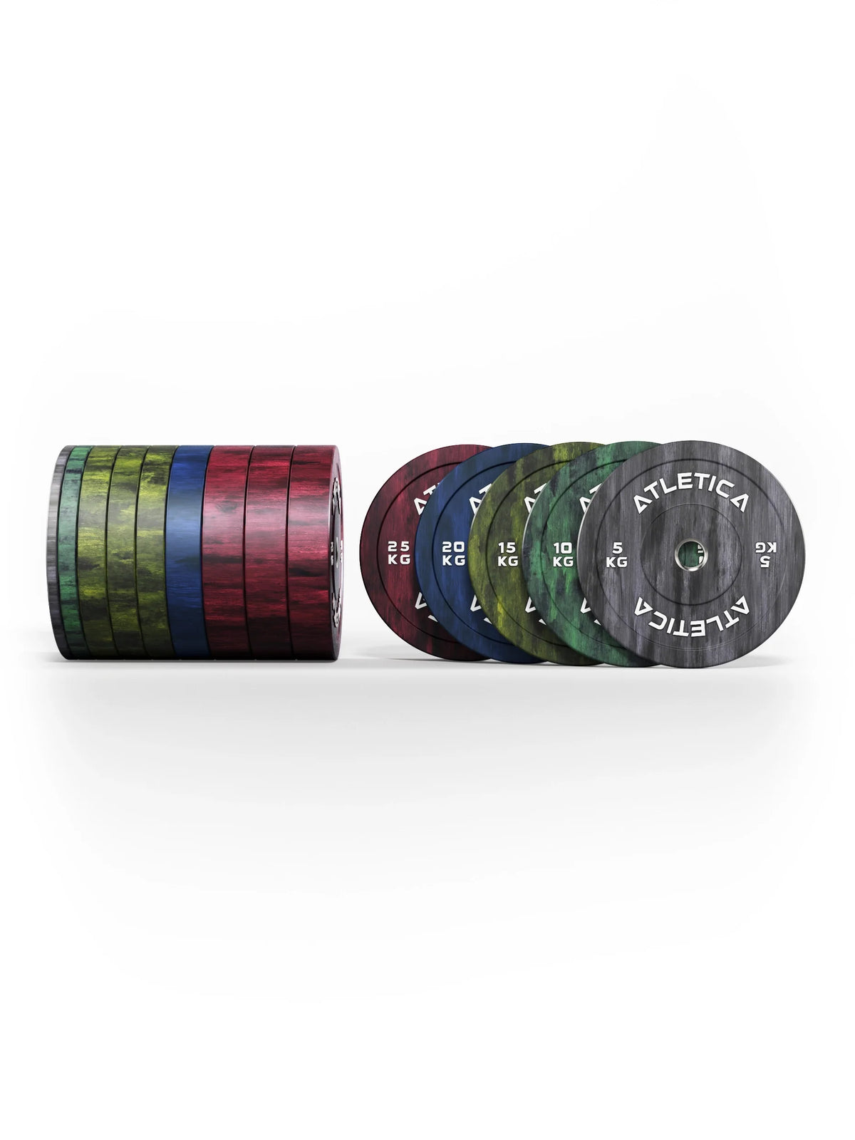 Atletica Fusion bumper plate set 507 lb, plates side by side next to an edge view, front view