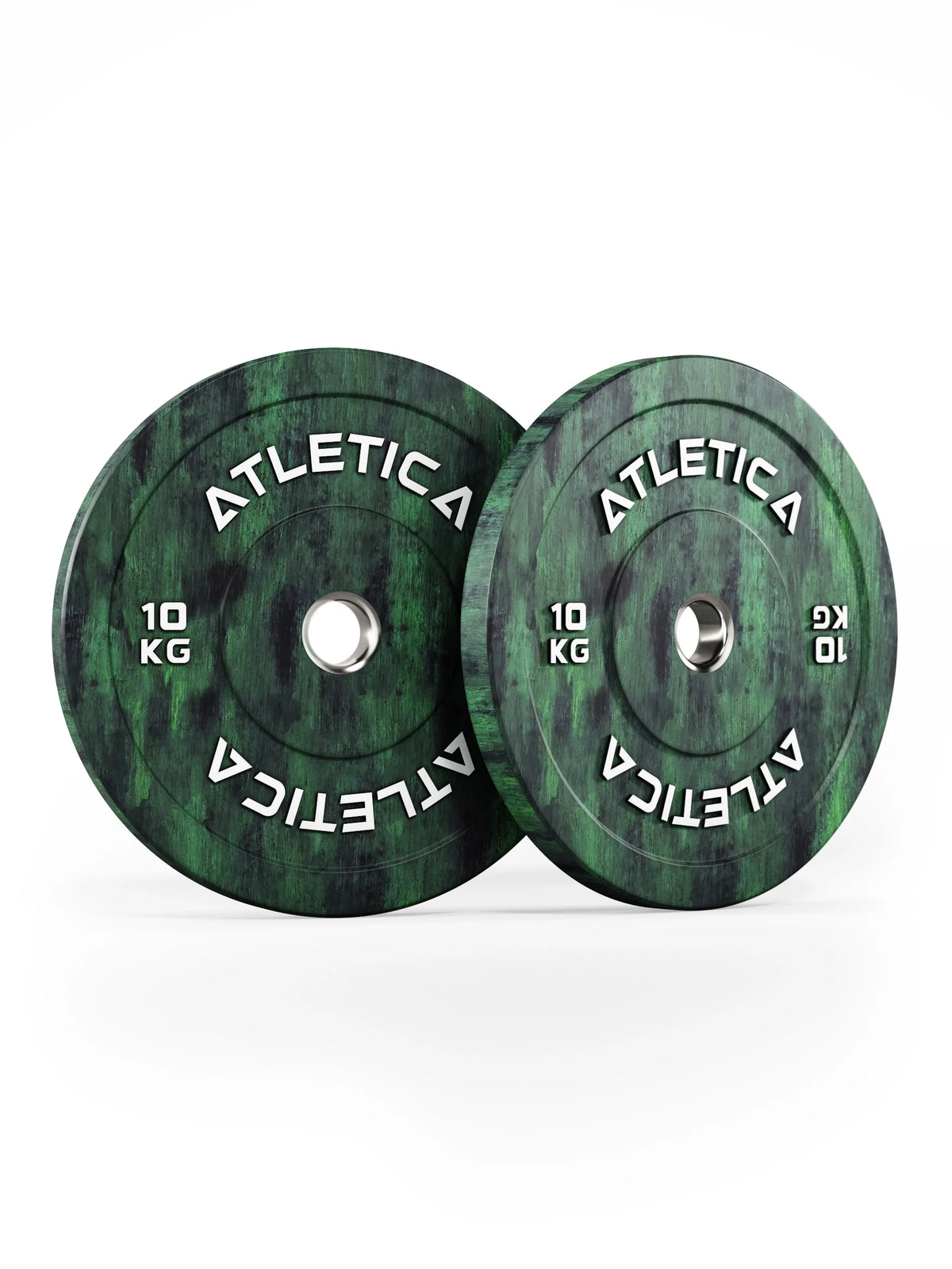 Atletica Fusion bumper plates 22 lb, green marbled, pair standing side by side