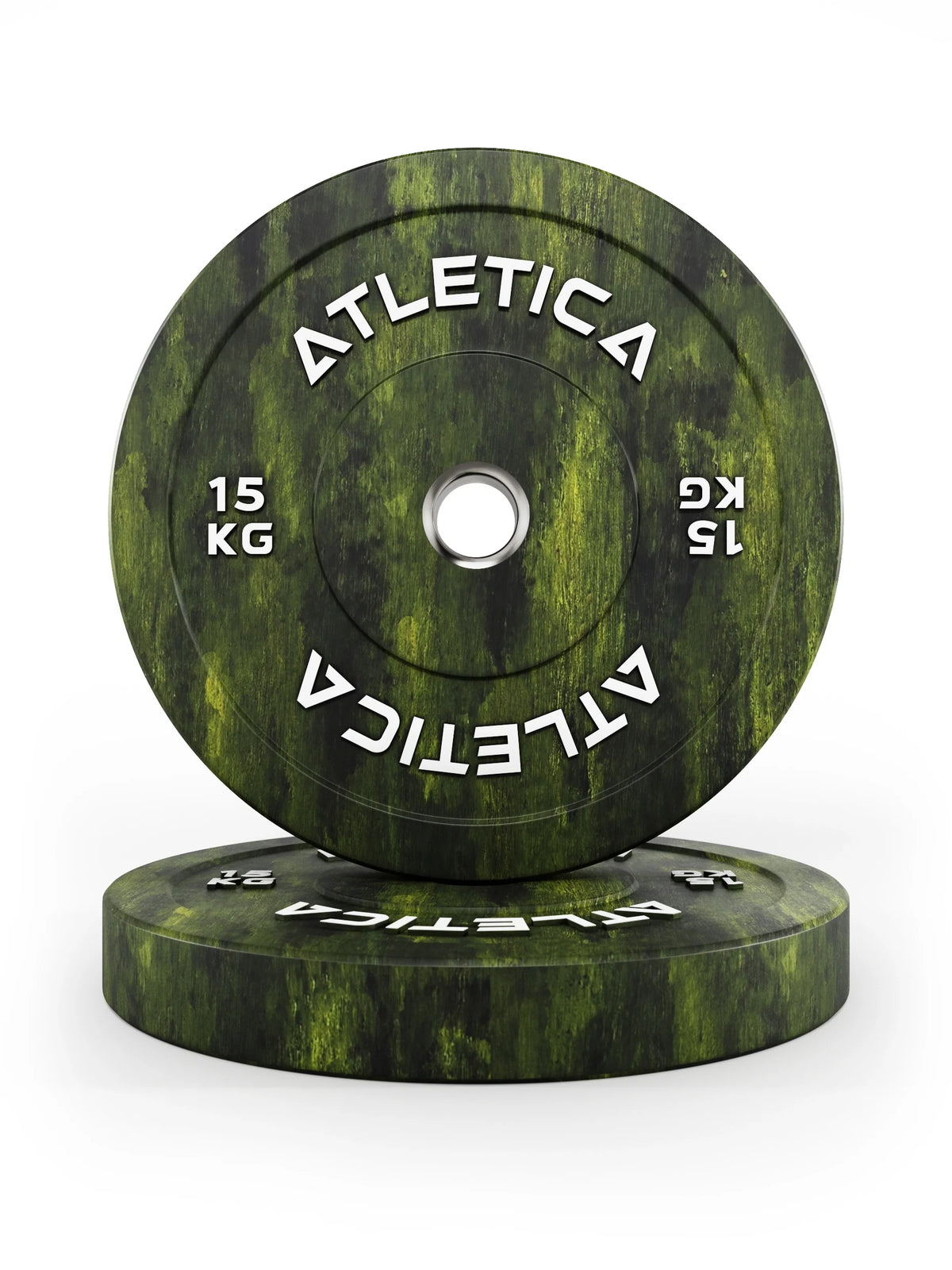 Atletica Fusion bumper plates 33 lb, olive green marbled, pair stacked, one plate upright