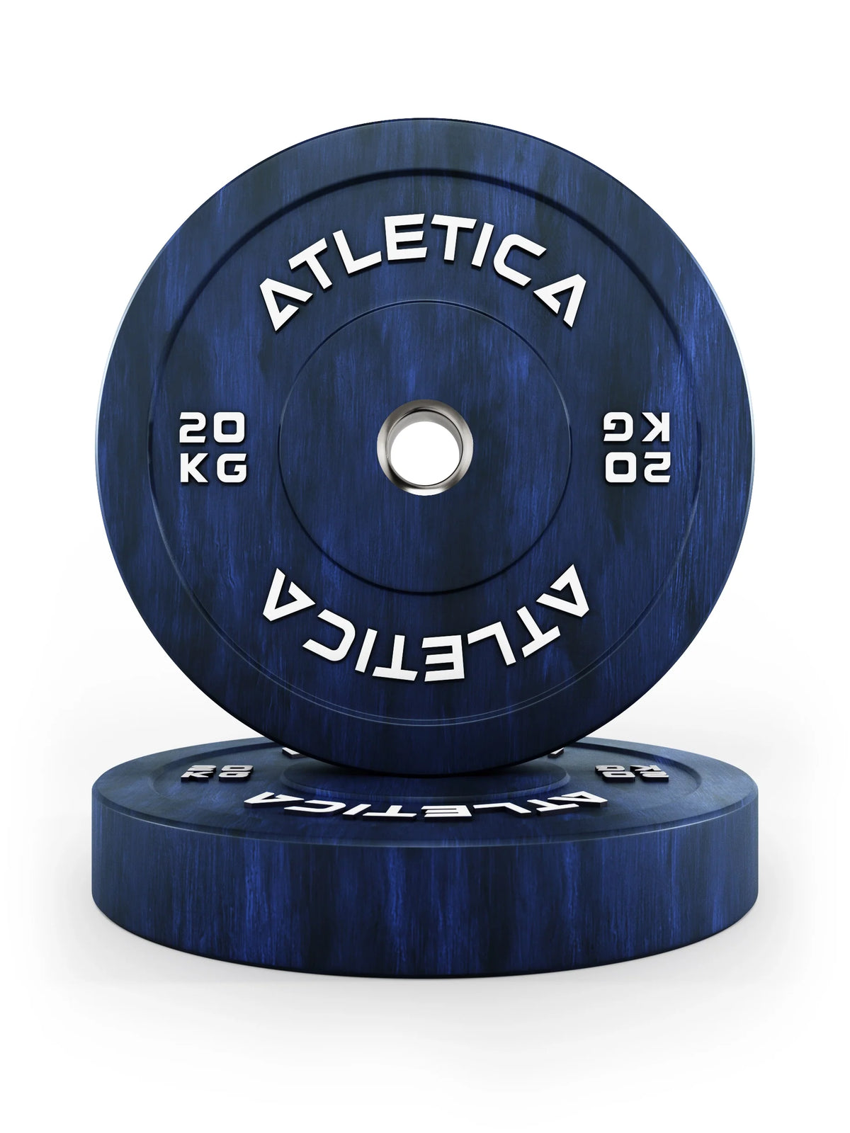 Atletica Fusion bumper plates 44 lb, blue marbled, pair stacked, one plate upright