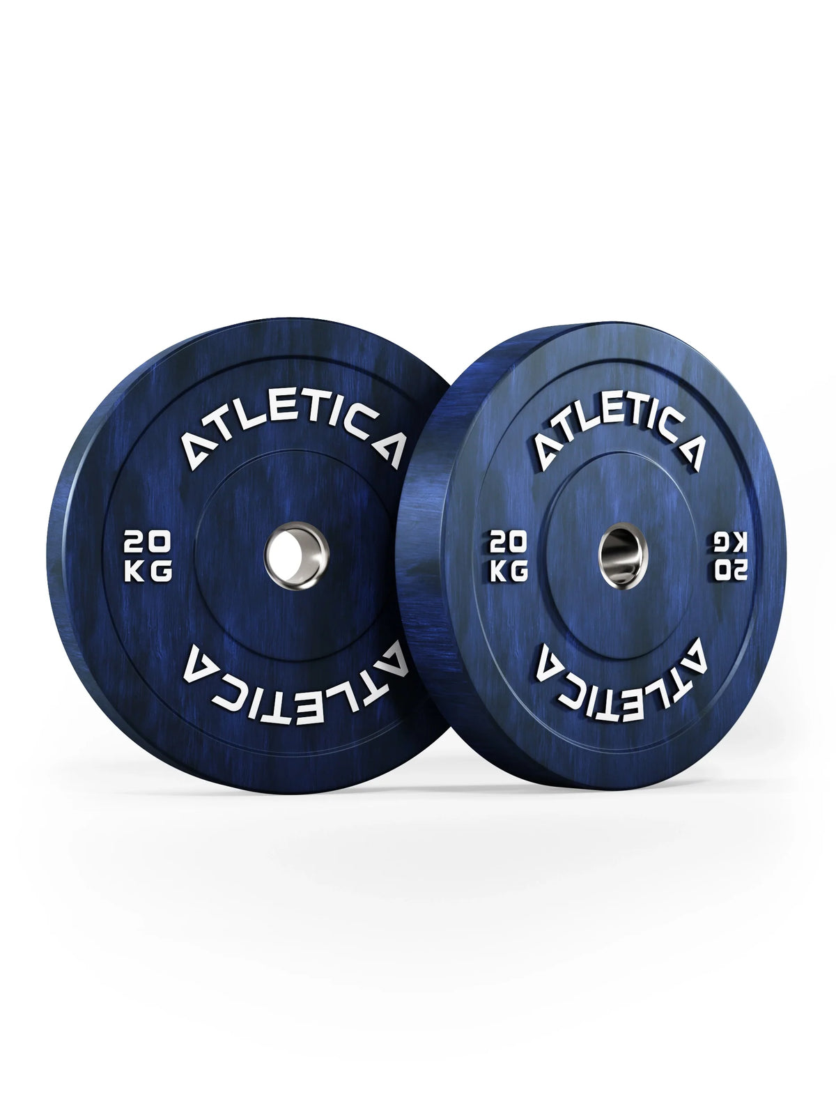 Atletica Fusion bumper plates 44 lb, blue marbled, pair standing side by side