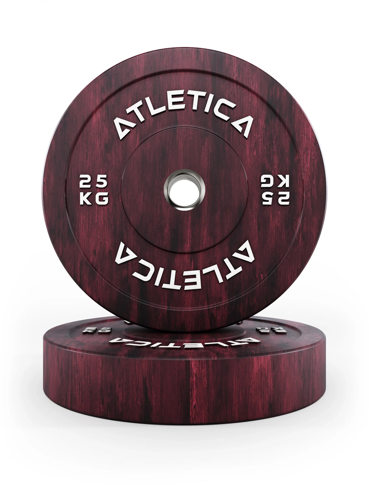 Atletica Fusion bumper plates 55 lb, red marbled pair stacked, one plate upright