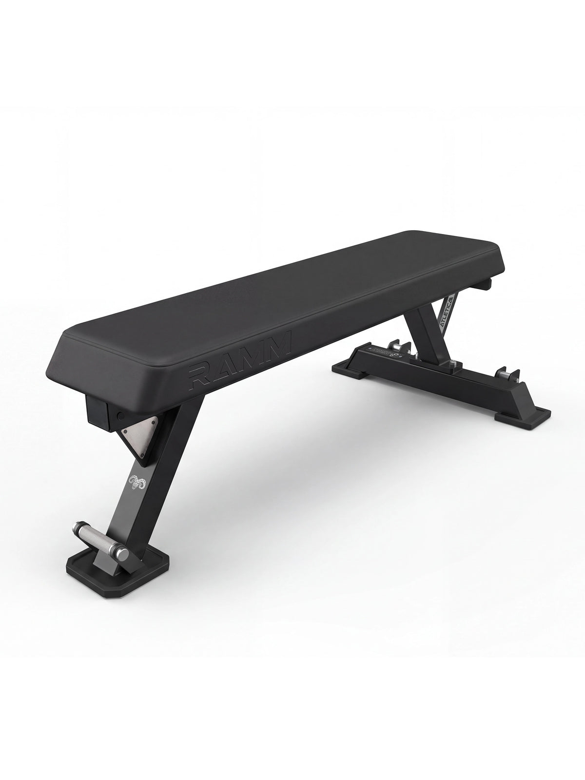 Atletica Ramm black weight bench with a padded rectangular seat and angled support frame