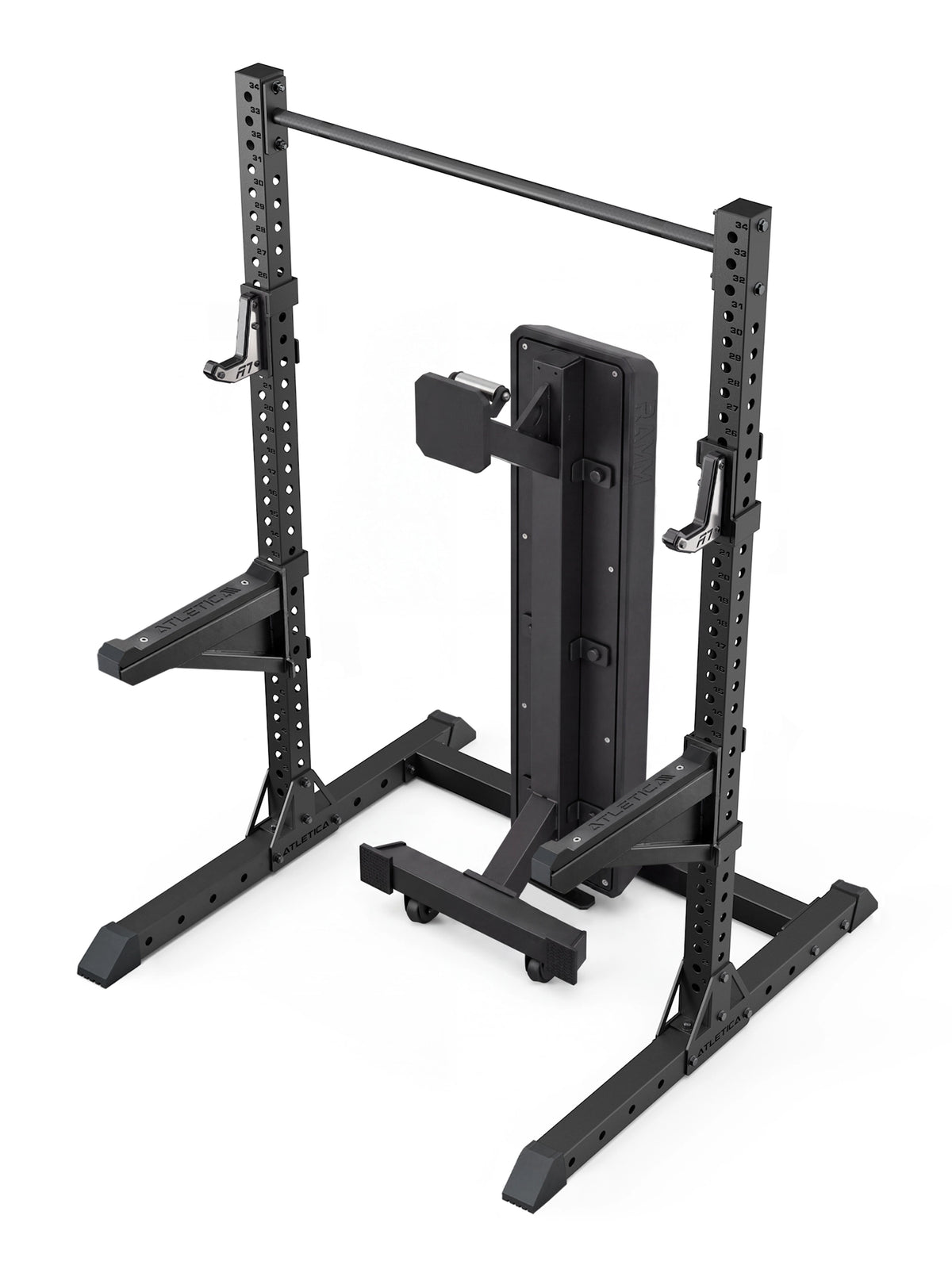 Atletica R7 Squat Rack Ghost Set: 80" squat rack with weight bench stored vertically for space-saving storage