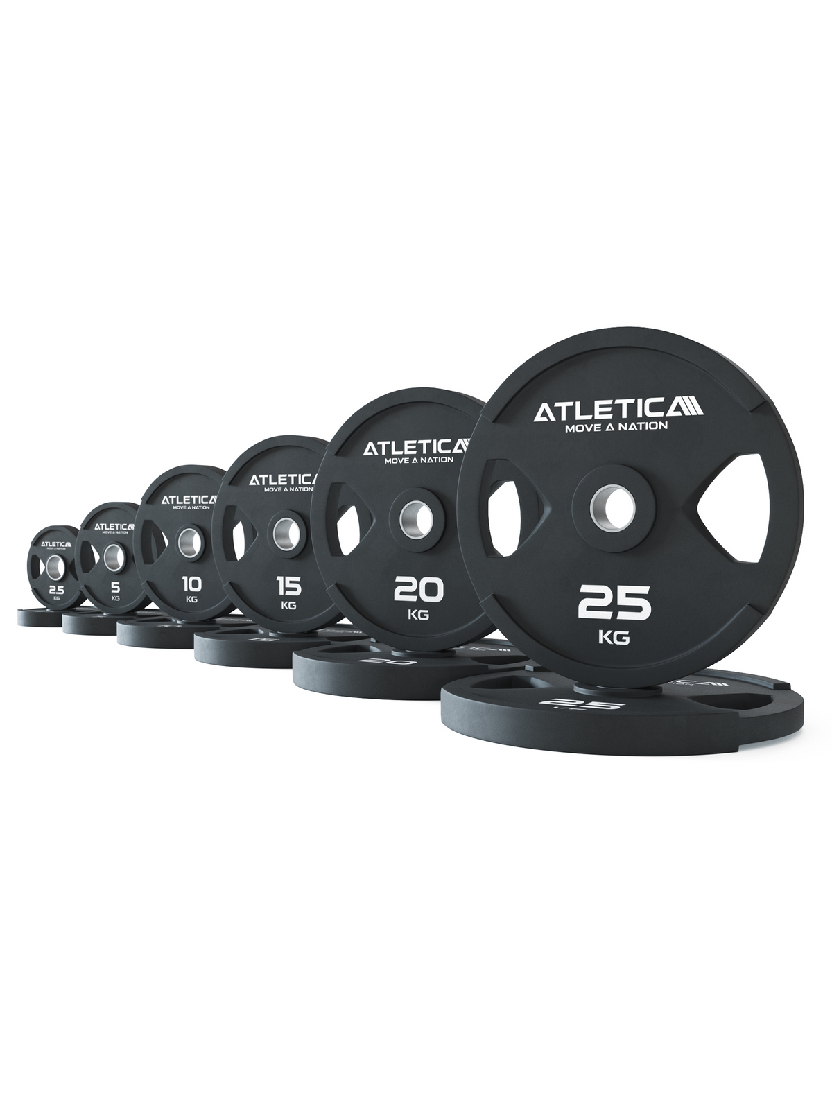 Atletica 2H gripper plates lined up from 55 lb down to the smallest plate, angled view