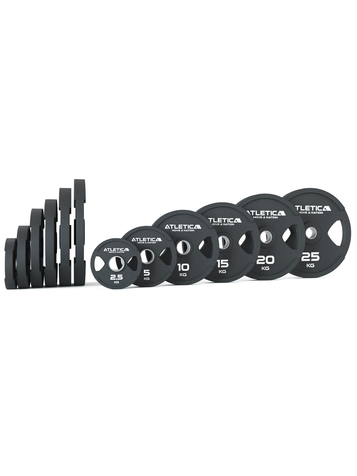 Atletica 2H gripper plates in all weights standing in a row with stacked plates behind, side view