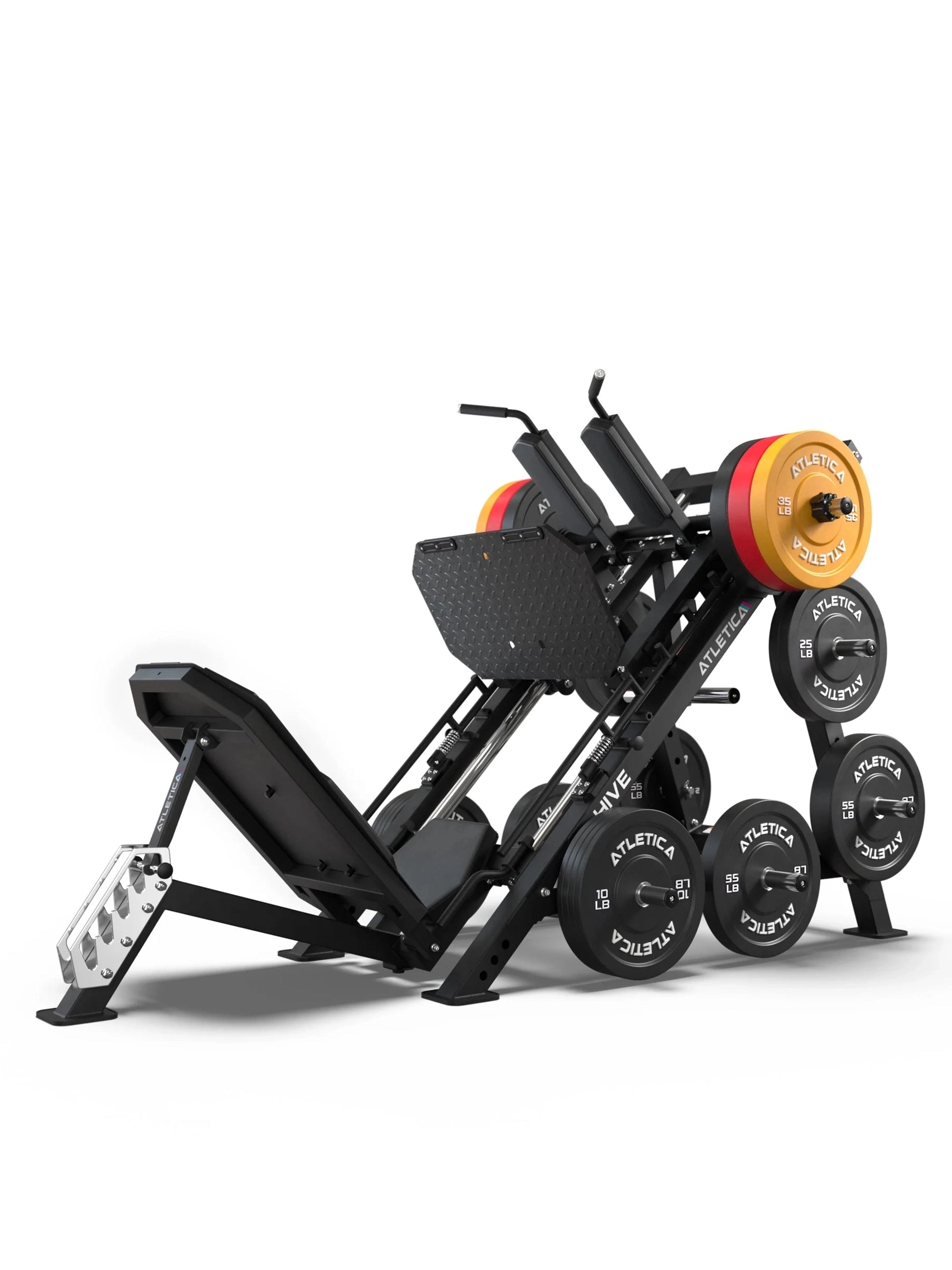 Atletica Hive leg press gym machine with attached bumper plates