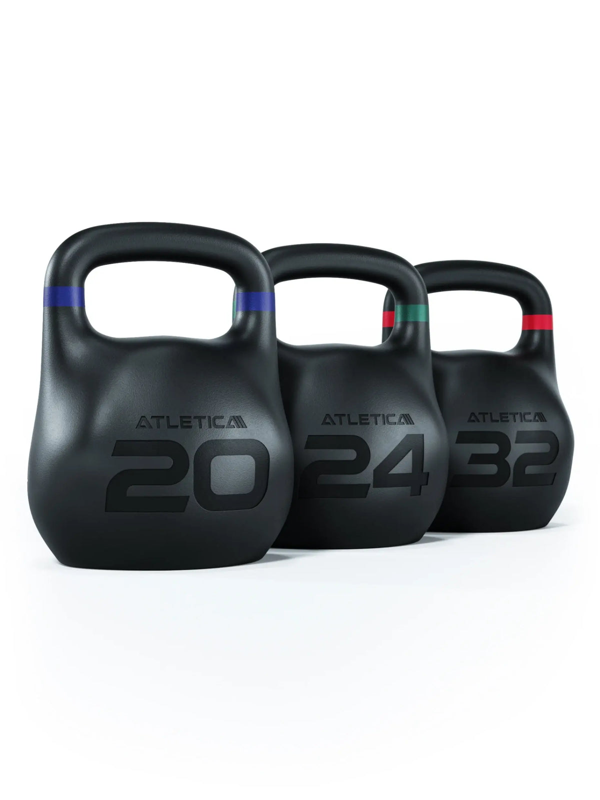 HRX Octagon Kettlebell - three black kettlebells with colored stripes, weights 44, 53, 70 lb