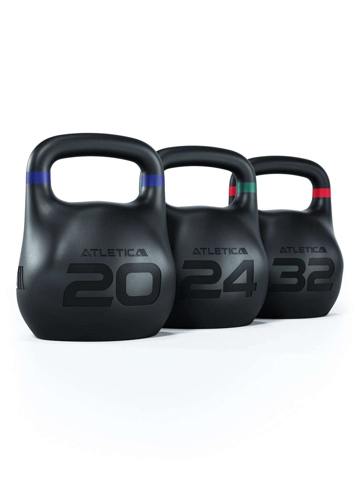 HRX Octagon Kettlebell - three black kettlebells with colored stripes, weights 44, 53, 70 lb