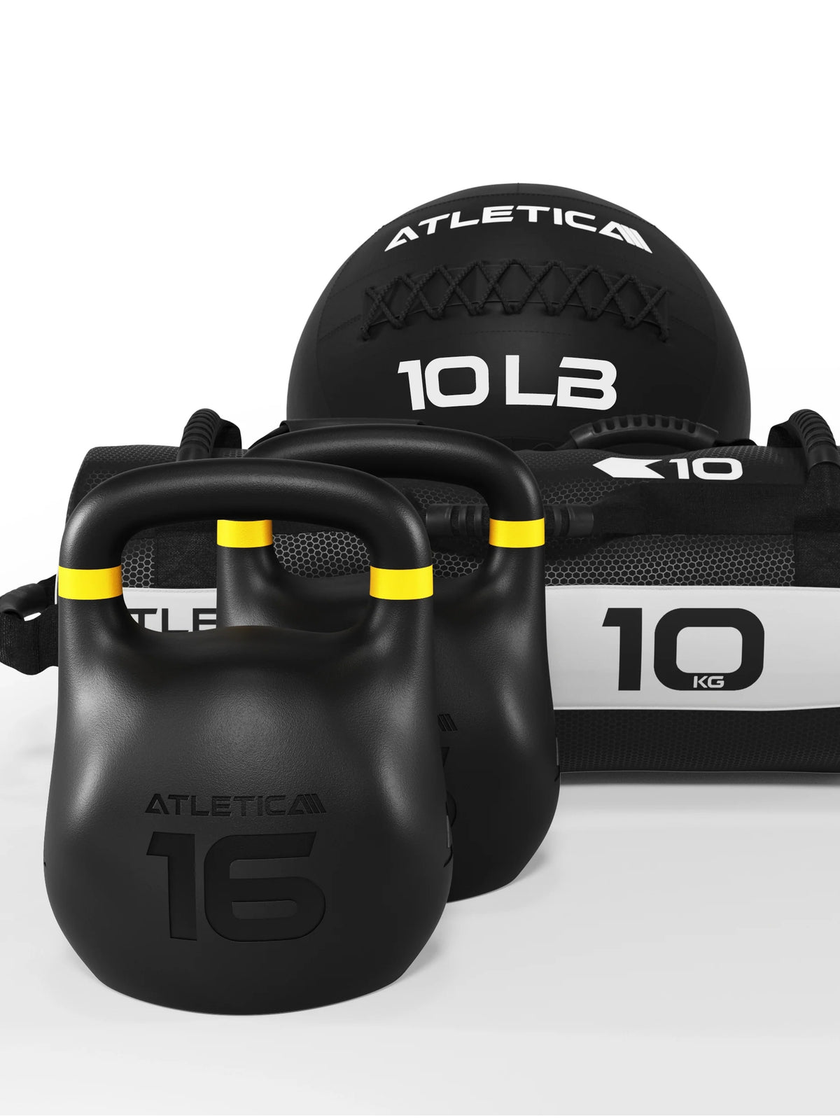 HRX RACE SET - two black kettlebells, medicine ball 10 lb, weight bag 20 lb