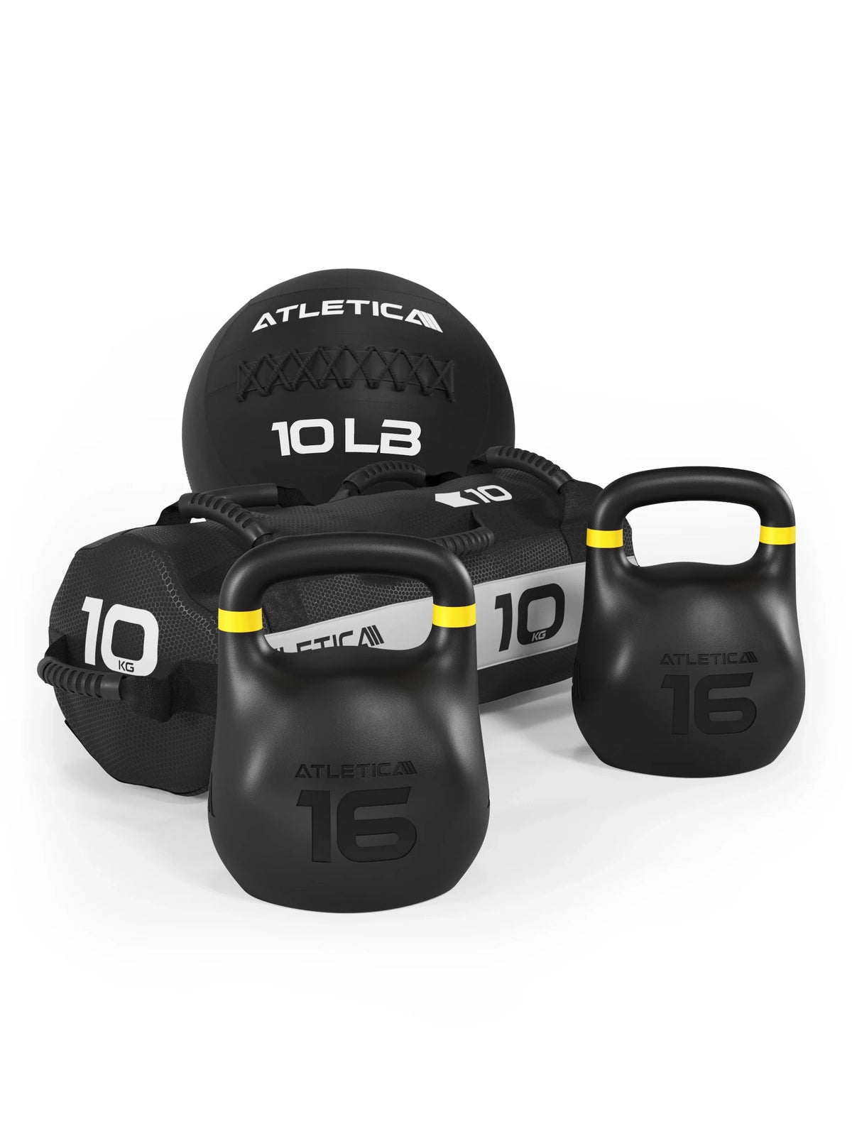 HRX RACE SET - two Kettlebells, 35 lb, black medicine ball, 10 lb, black sandbag, 20 lb