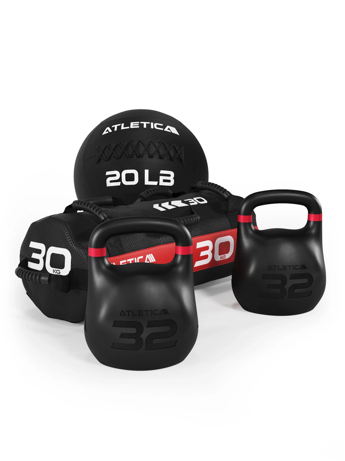 HRX RACE SET - Two Kettlebells 70 lb, Medicine Ball 20 lb, Sandbag 65 lb