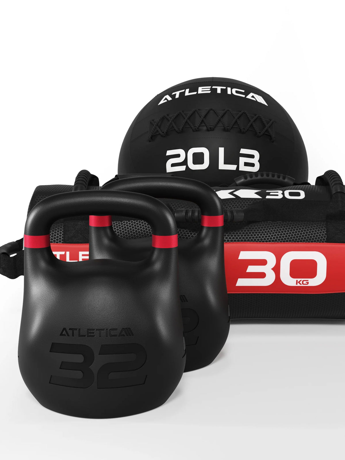 HRX RACE SET - two black kettlebells, medicine ball 20 lb, Sandbag 65 lb