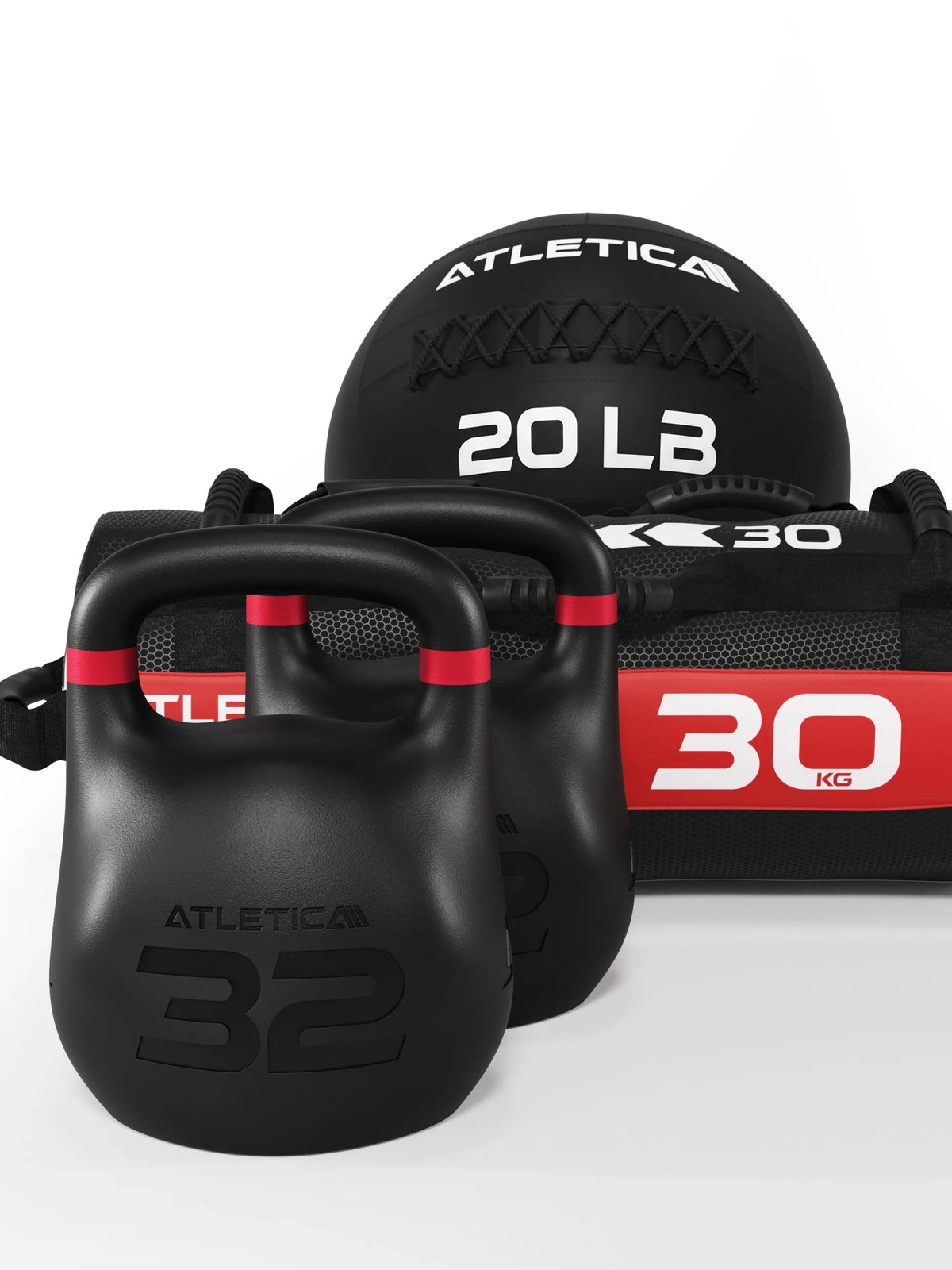 HRX RACE SET - two black kettlebells, medicine ball 20 lb, Sandbag 65 lb