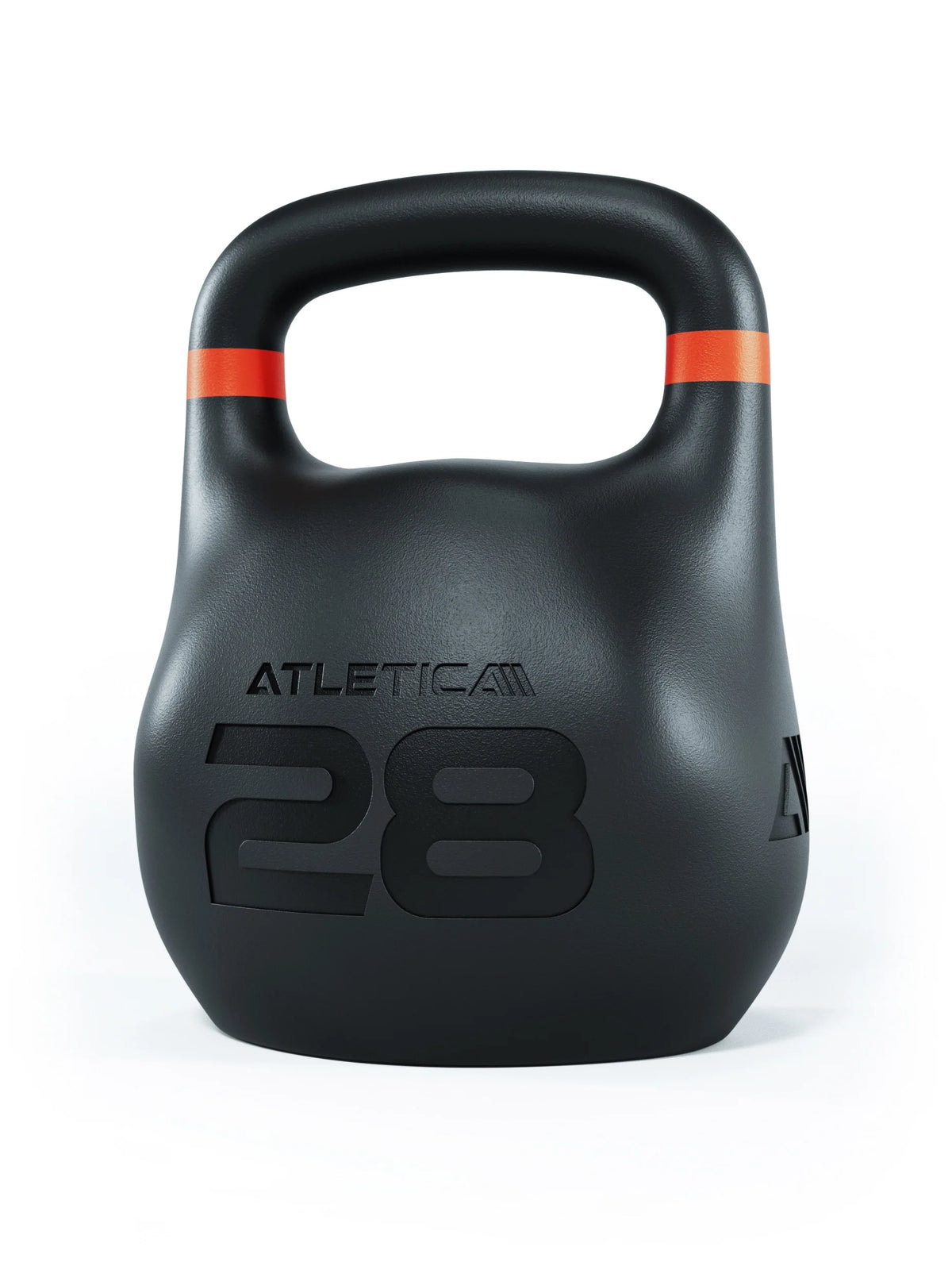 Atletica HRX Octagon Kettlebell 62 lb, black with orange handle stripes, angled front view