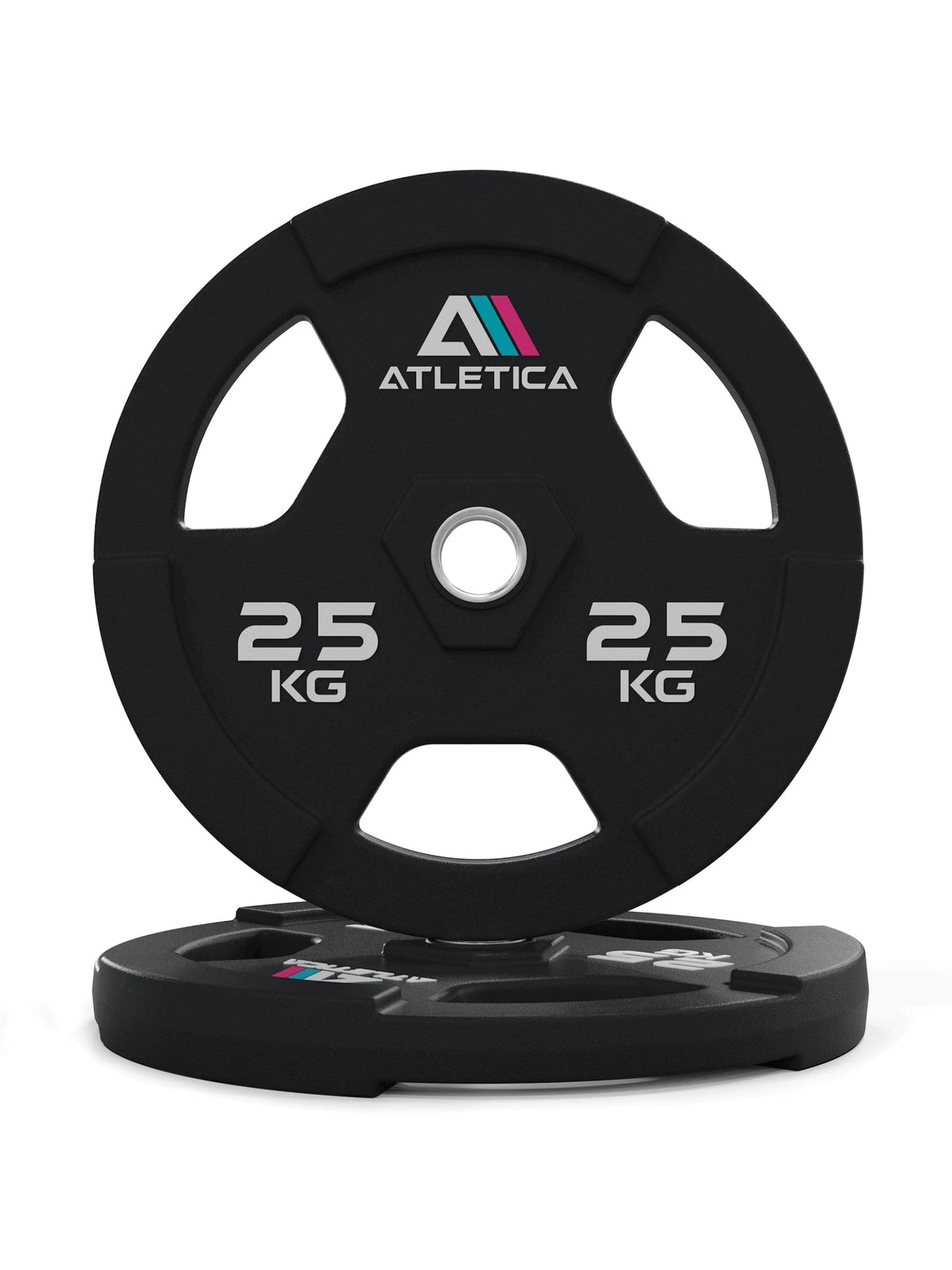 Atletica 3H Gripper Plate 55 lb, black with three grip holes, upright on a flat plate