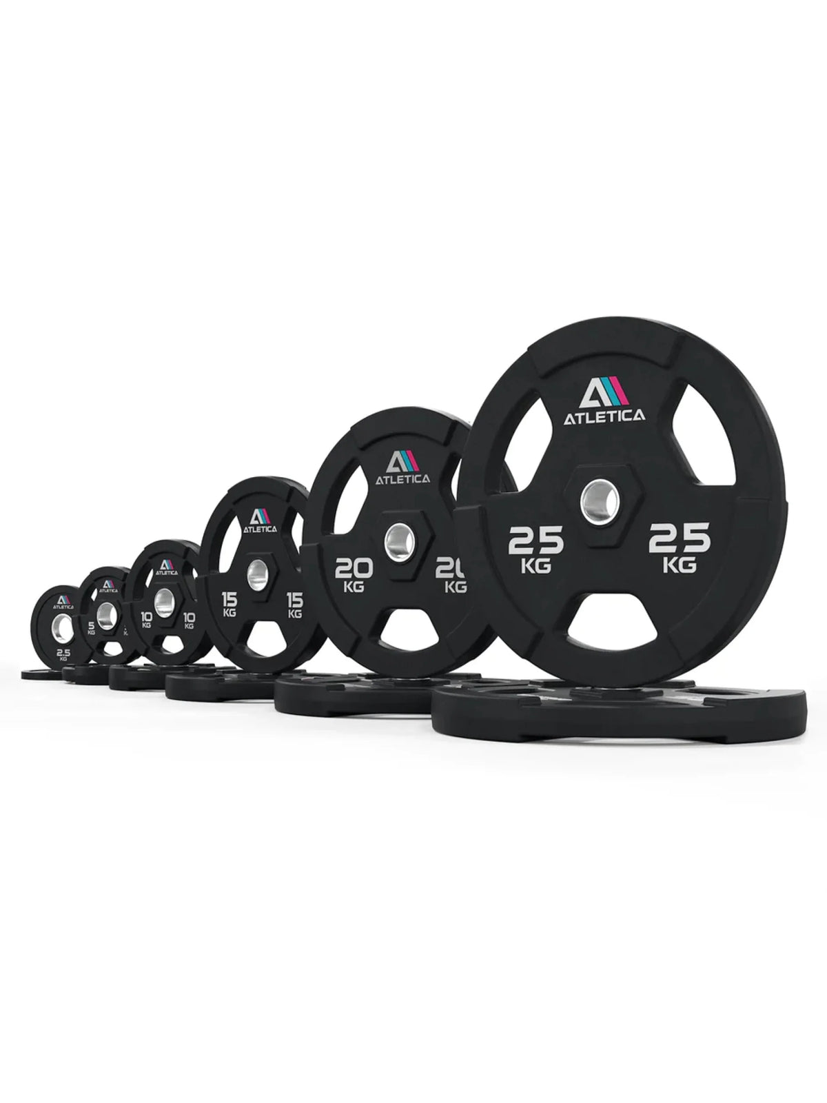 Atletica 3H grip plates set 342 lb, black plates lined up with 55 lb plates in front