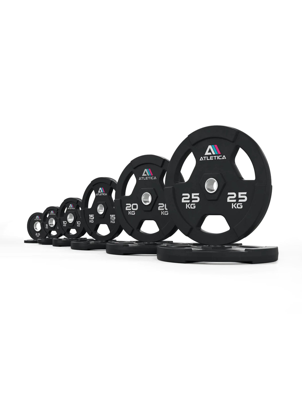 Atletica 3H Gripper Plates set lined up by weight, side angled view