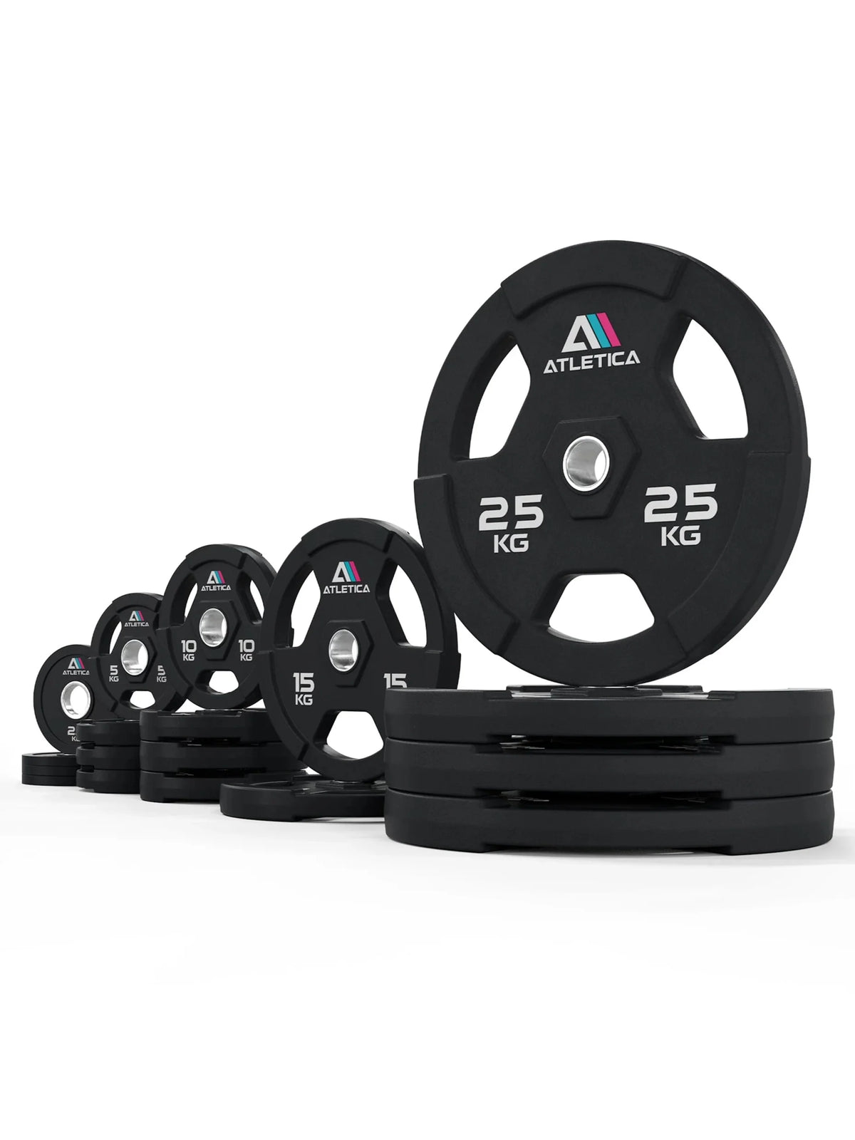 Atletica 3H grip plates set 441 lb, 55 lb plate standing on a stack of plates