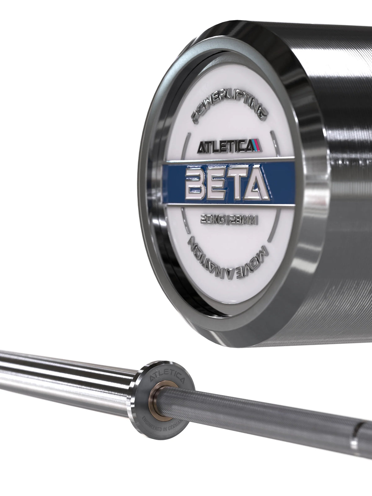 Beta Powerlifting Barbell – detail of the end cap with logo and marking 