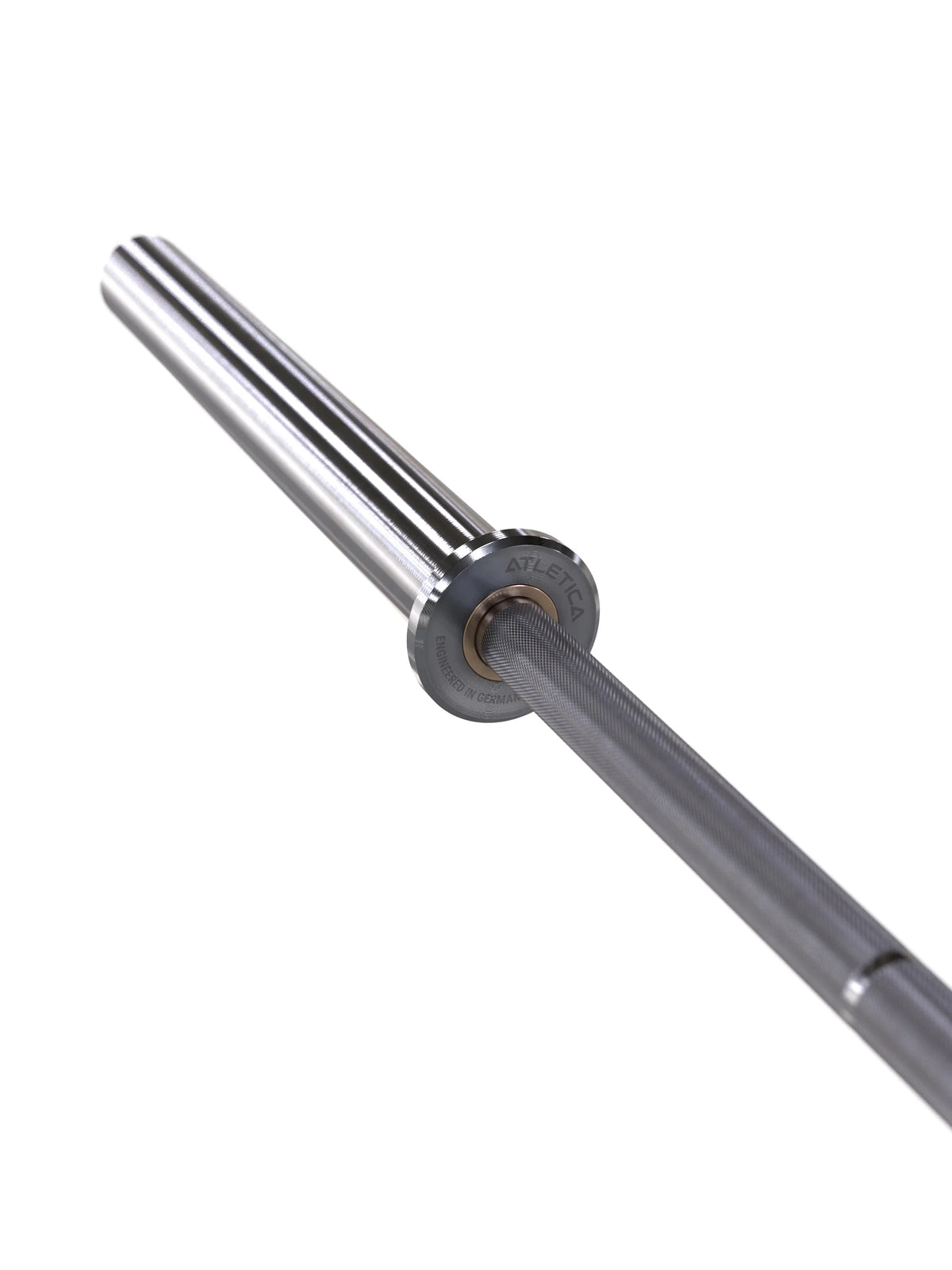 Atletica Beta powerlifting bar, chrome, angled view of sleeve and collar