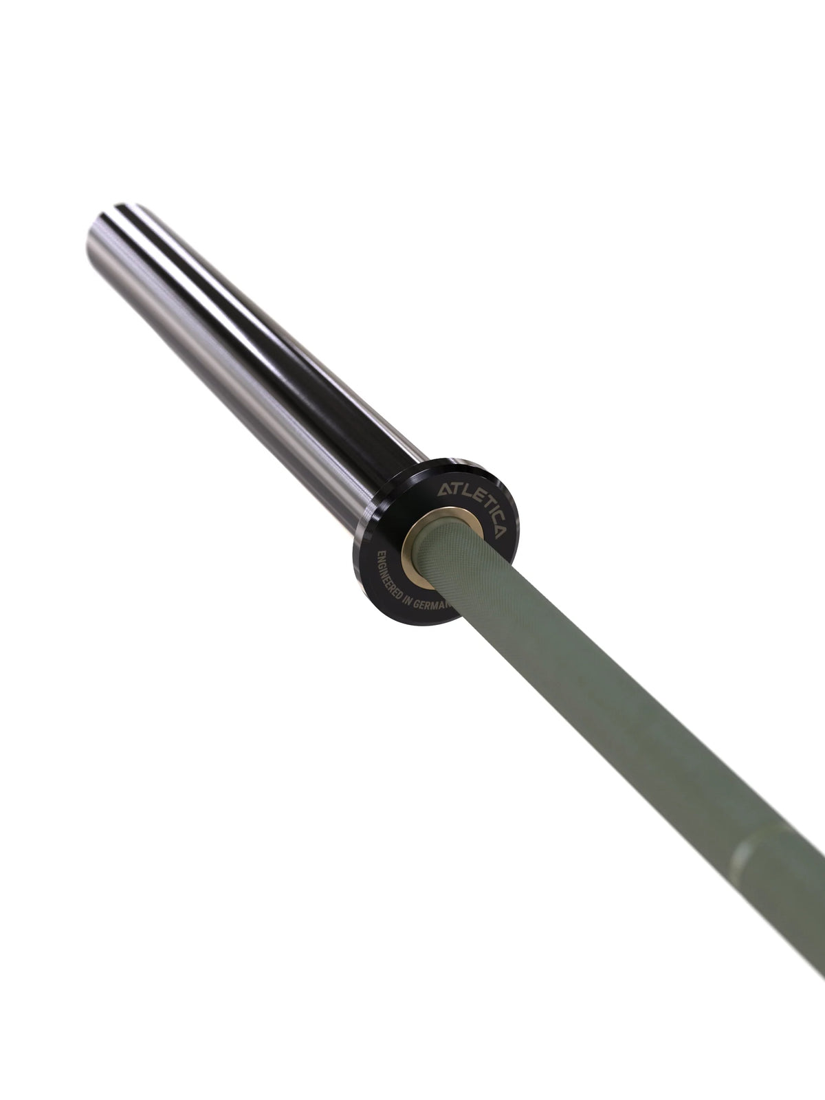 Beta Powerlifting Barbell – End cap with logo and stainless steel sleeve in Military Green