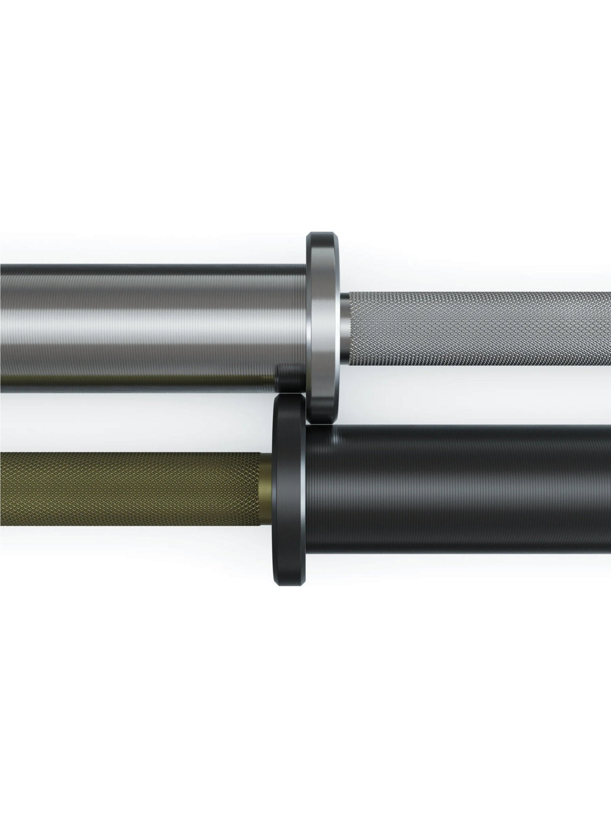 Atletica Beta powerlifting bar in chrome and military green, sleeves side by side