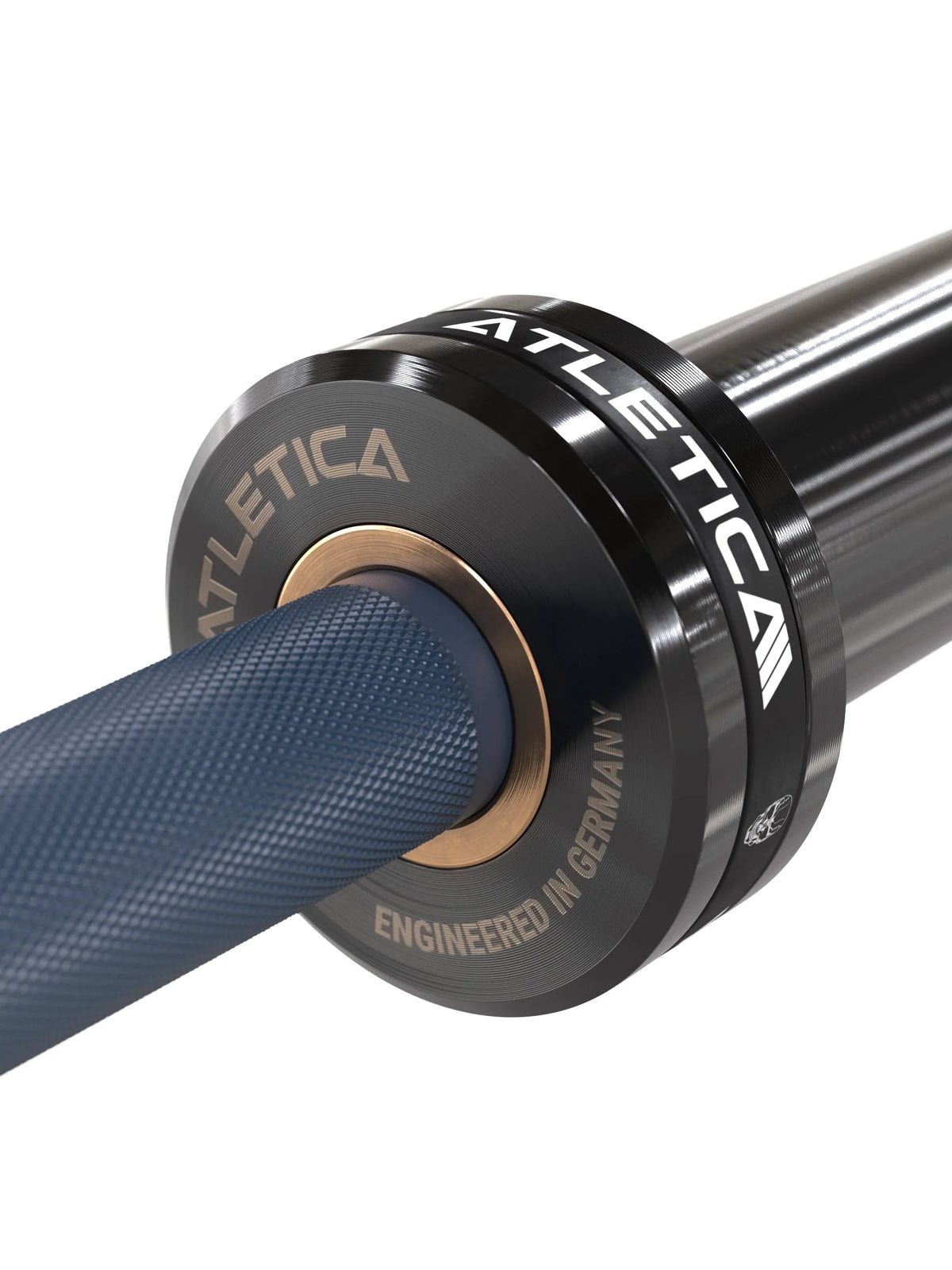 Delta Hybrid Barbell in Dark Blue - complete barbell in angled view