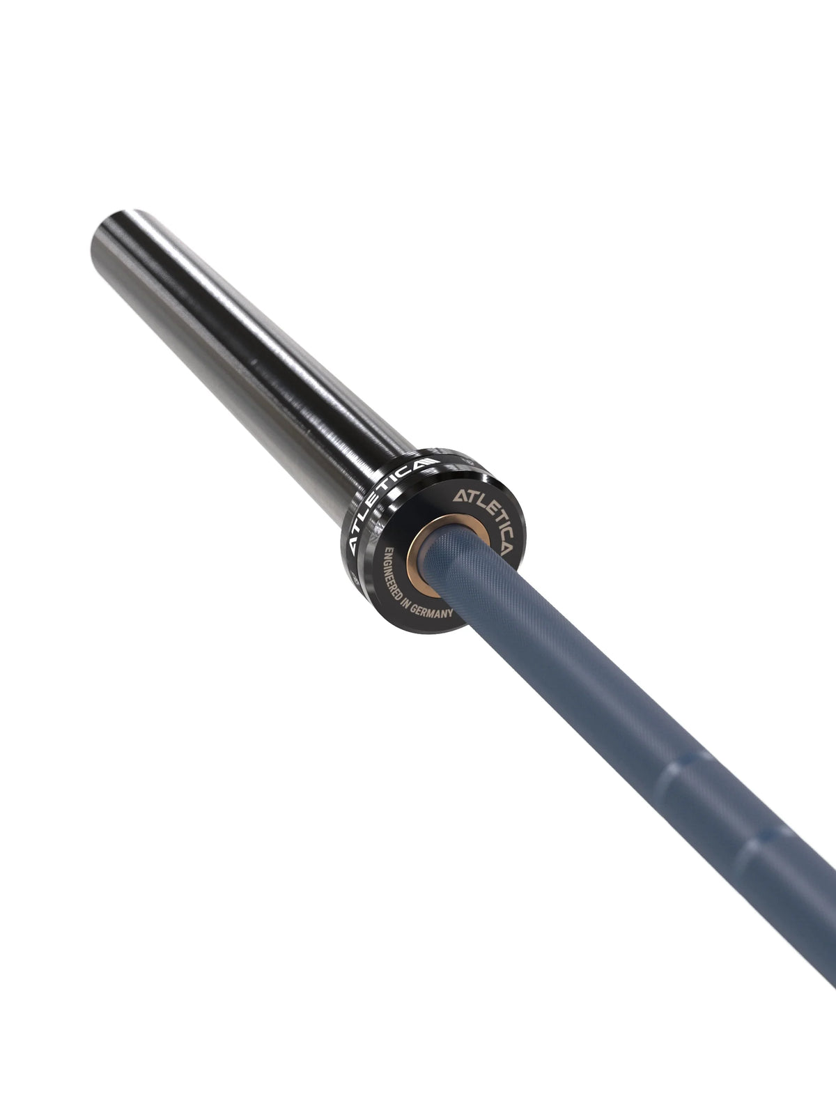 Delta Hybrid Barbell in Dark Blue - bar with stainless steel sleeve in angled view