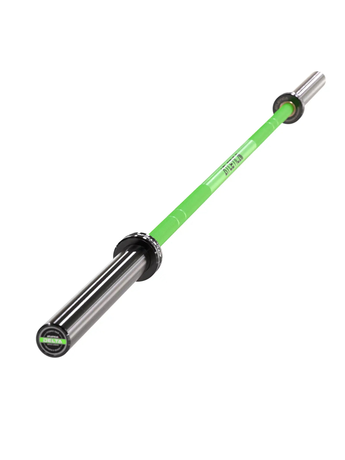Delta Hybrid Barbell in Electric Green - complete barbell in angled view