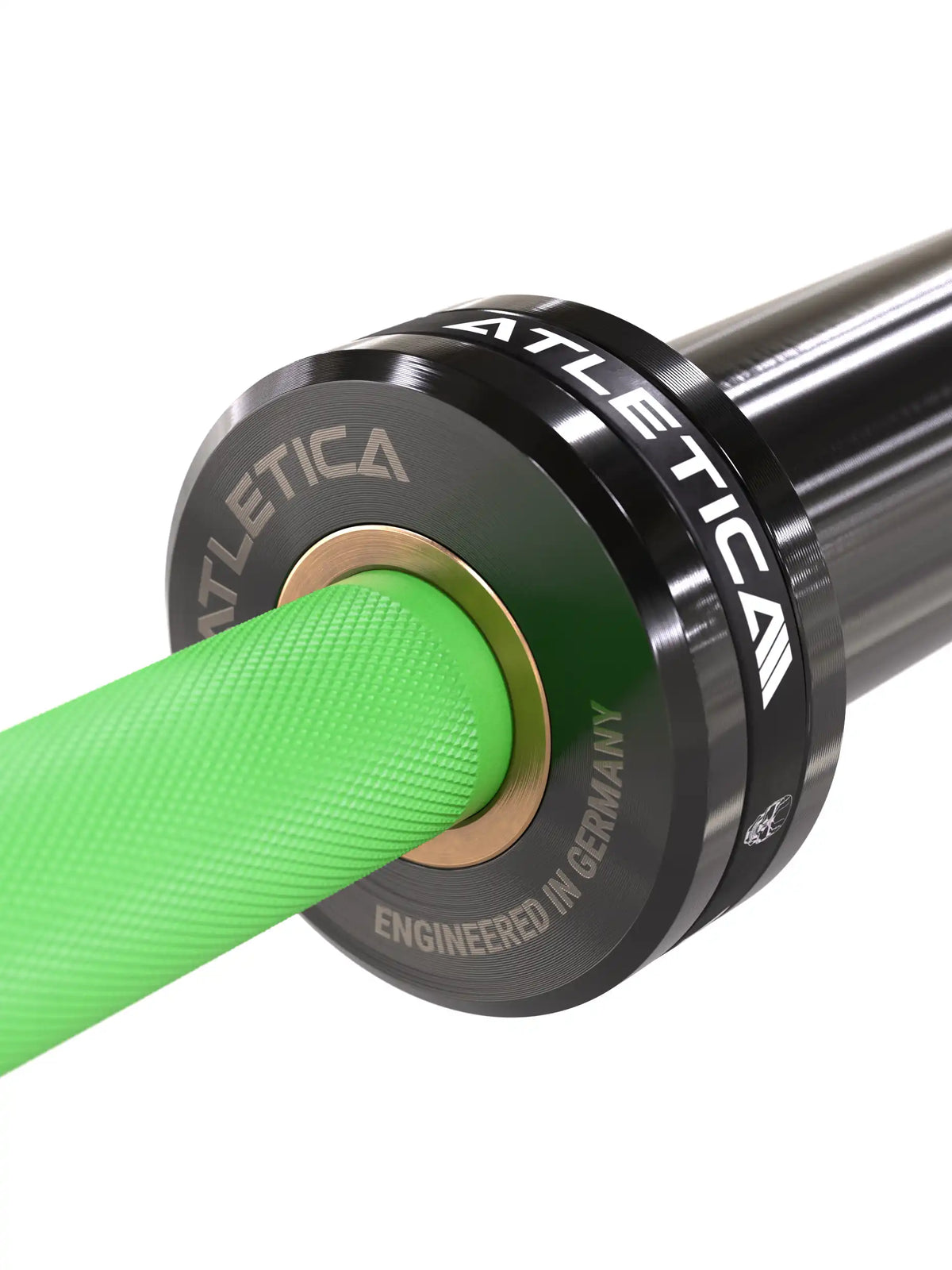 Delta Hybrid Barbell in Electric Green - Detail of the barbell holder with bearing and stainless steel sleeve
