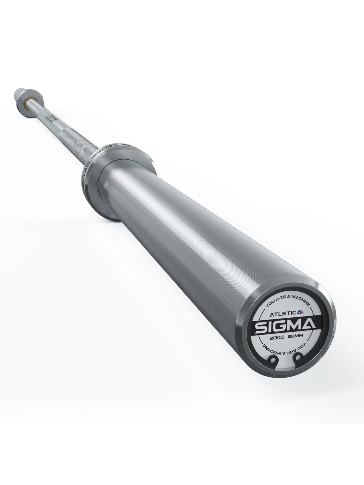 Sigma Barbell 20 kg 28 mm with smooth sleeve and end cap at a perspective angle