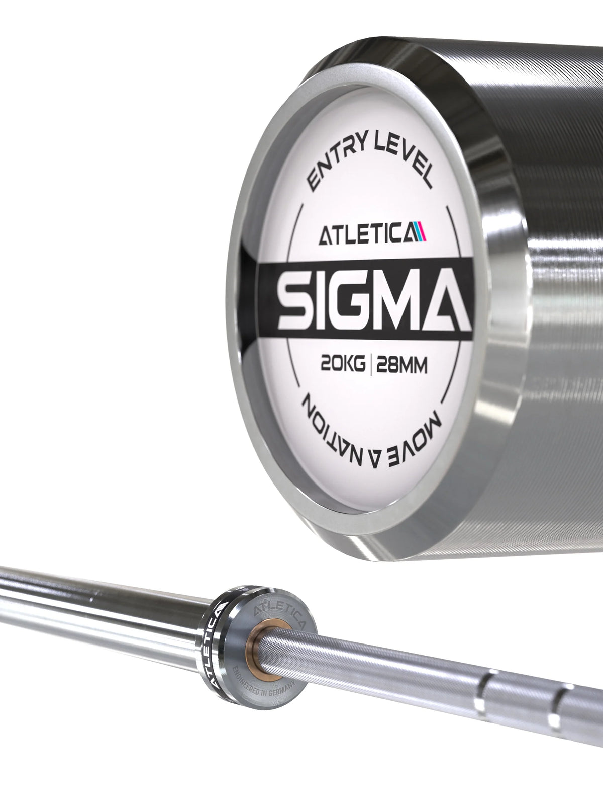 Atletica Sigma Barbell for beginners 20 kg , 28 mm - detail of the end cap with logo, in Chrome
