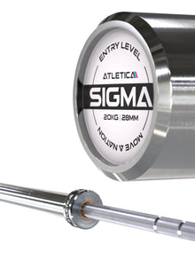 Atletica Sigma Barbell for beginners 20 kg , 28 mm - detail of the end cap with logo, in Chrome
