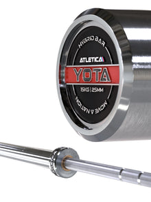 Atletica Yota Barbell 15 kg - detail of the end cap with logo and Hybrid Bar marking