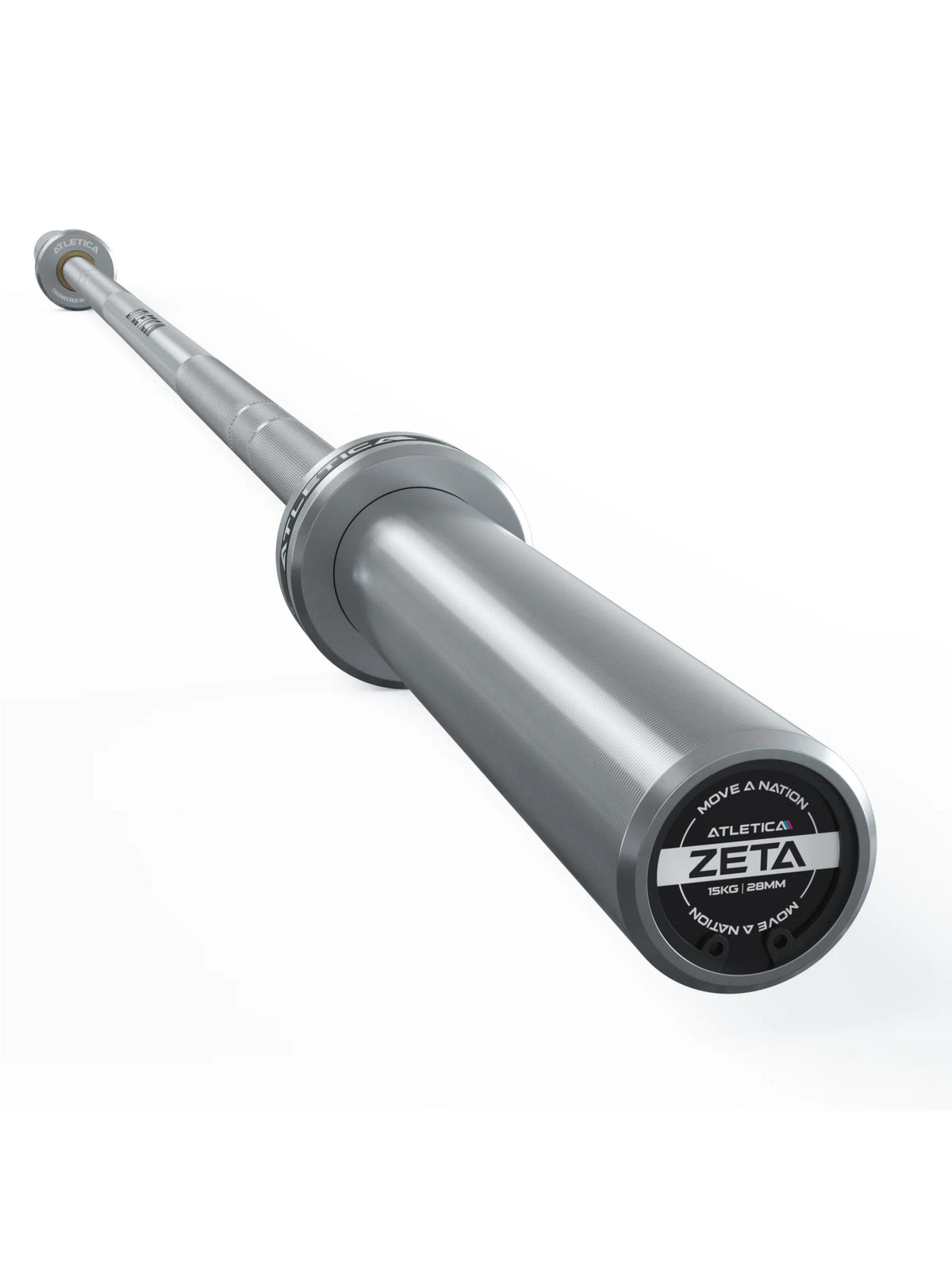 Barbell Set Zeta Space - Angled Perspective of the 15 kg 28 mm Barbell with Textured Grip Surface