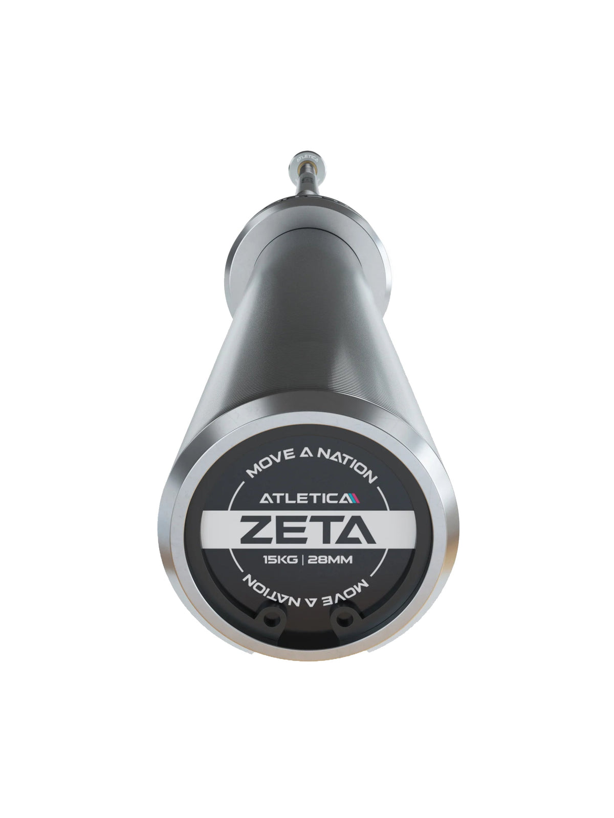 Barbell Set Zeta Space - front view of the barbell with ZETA end cap and weight marking 15 kg 28 mm