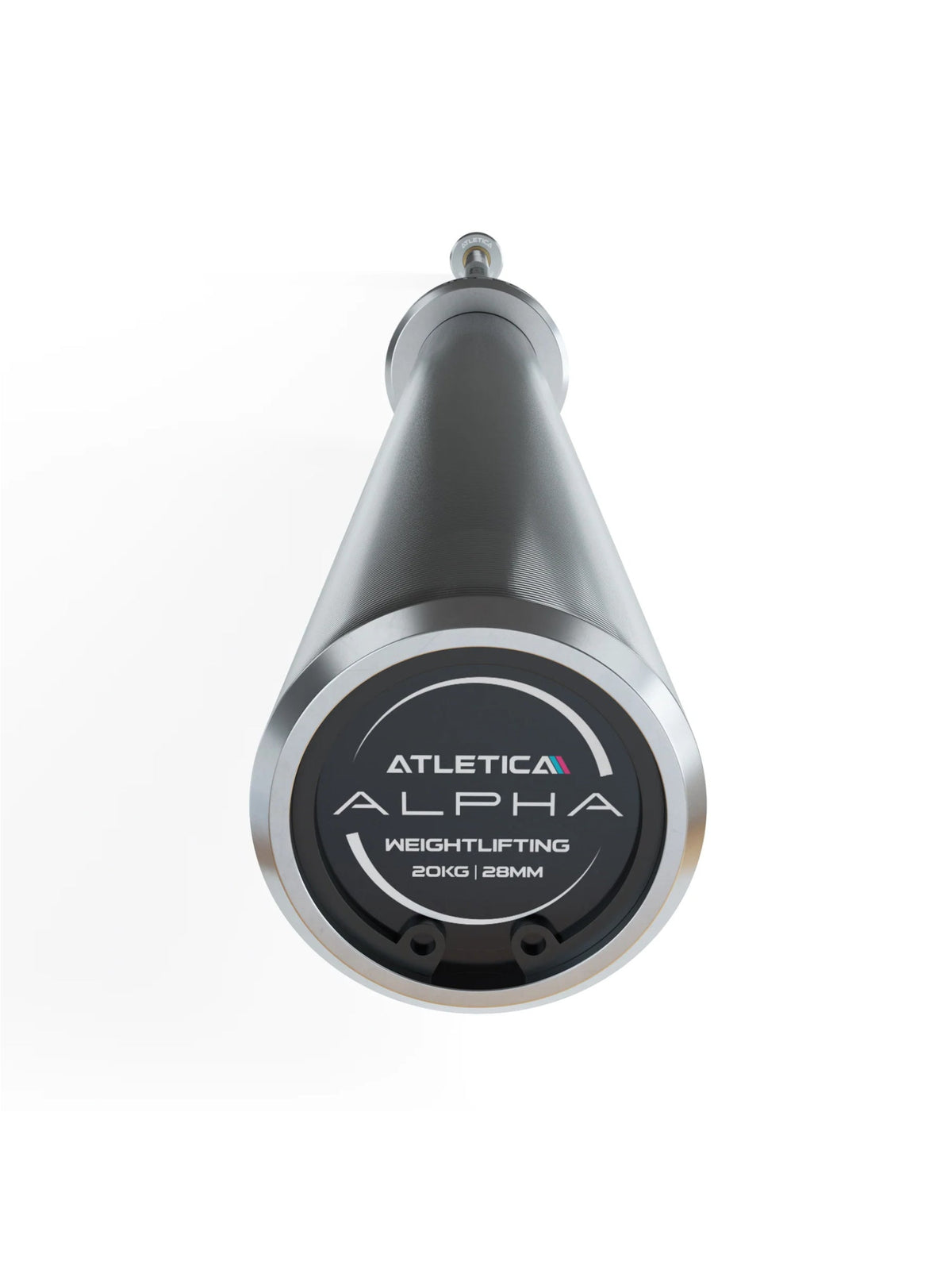 Alpha Barbell – front view of the barbell with end cap and Atletica Alpha branding 20 kg 28 mm