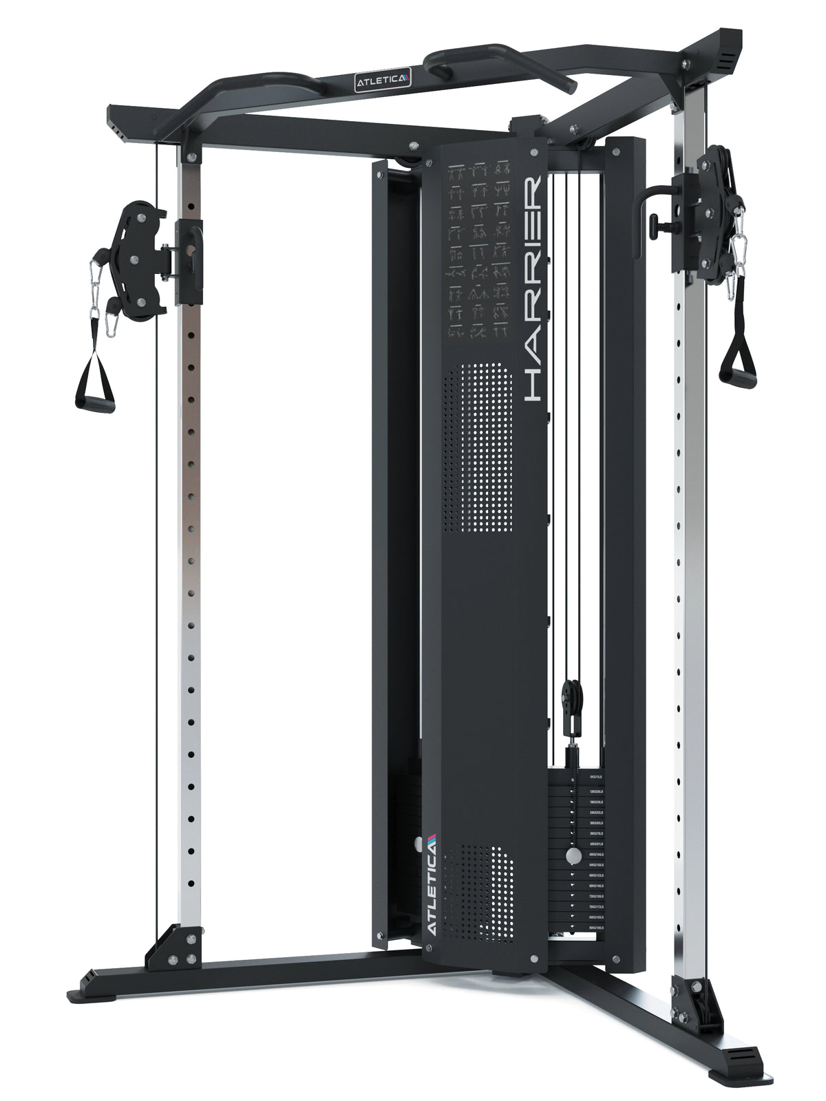 Atletica Harrier functional trainer with dual weight stacks and cable handles, front angled view